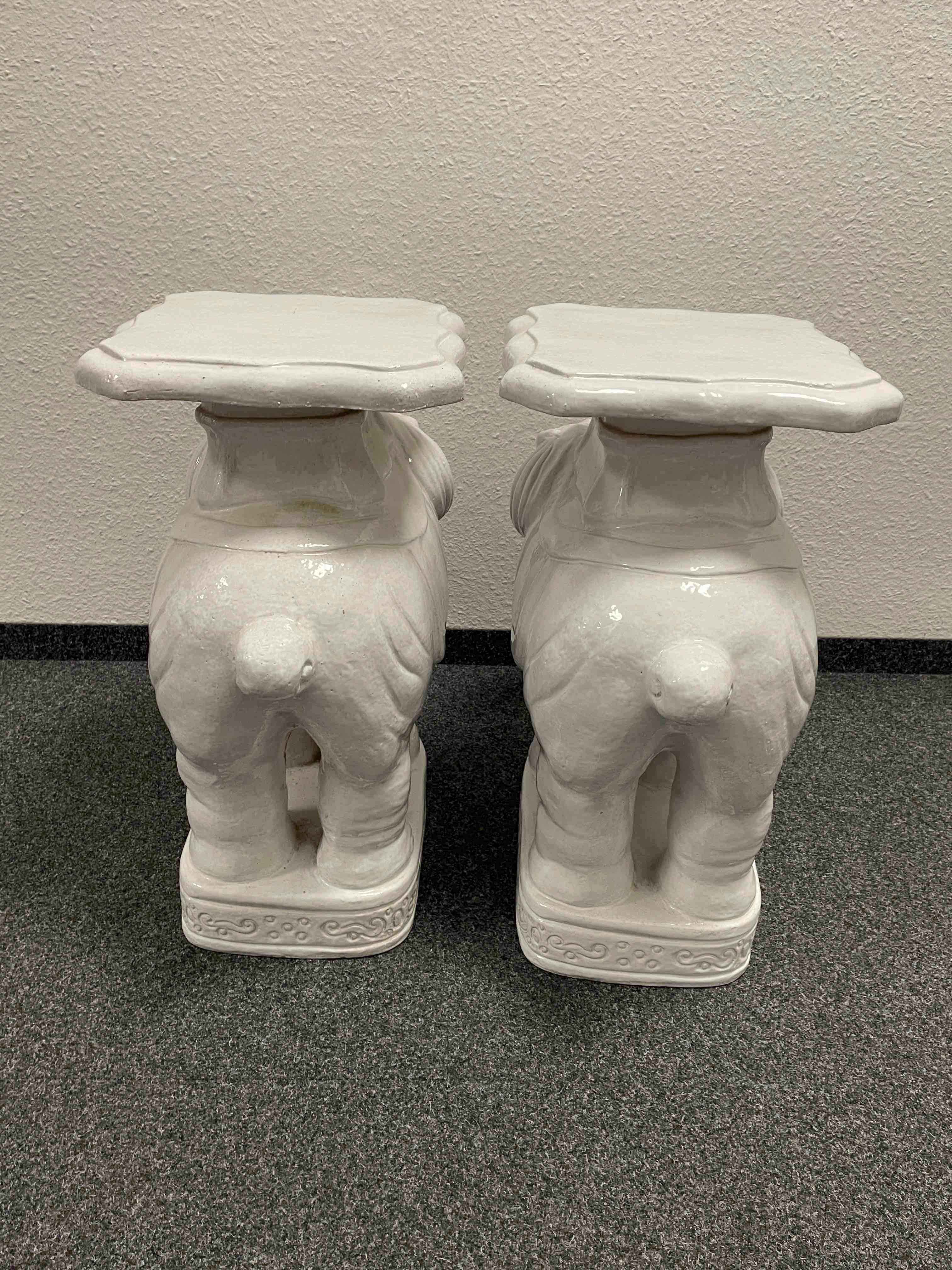 Ceramic Pair of Hollywood Regency White Colored Elephant Garden Plant Stand or Seat For Sale