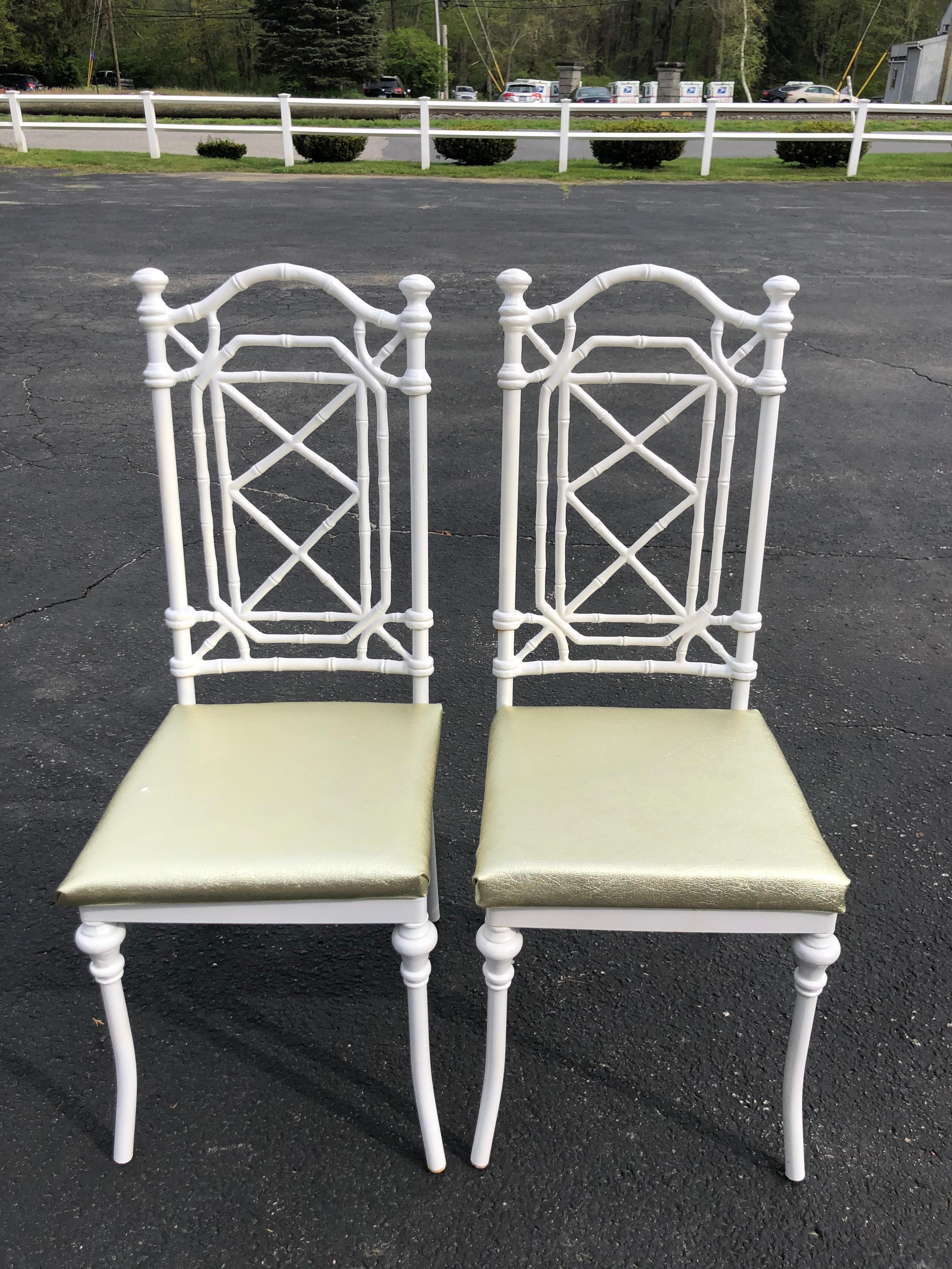 Late 20th Century Pair of Hollywood Regency White Faux Bamboo Chairs