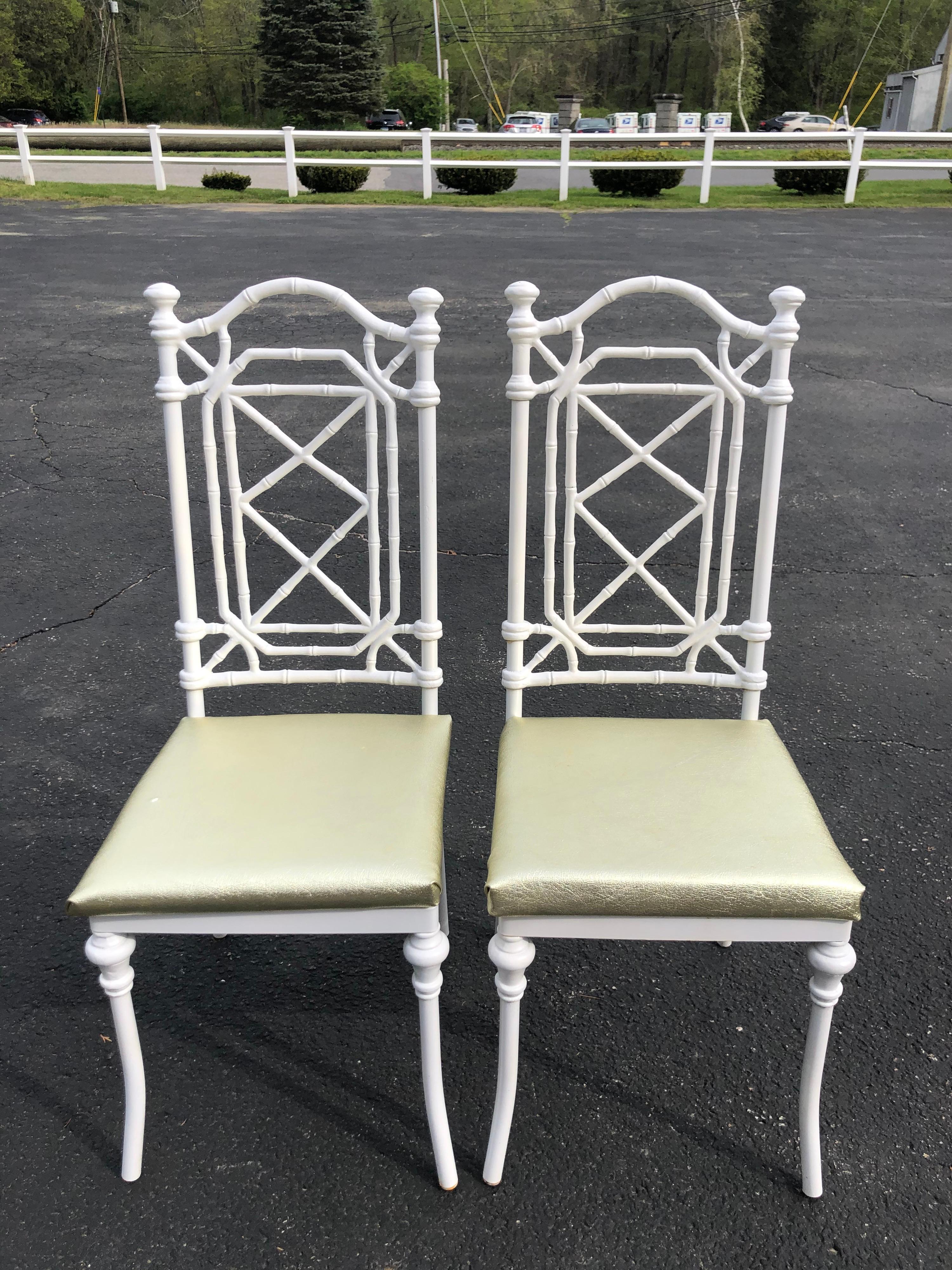 Metal Pair of Hollywood Regency White Faux Bamboo Chairs