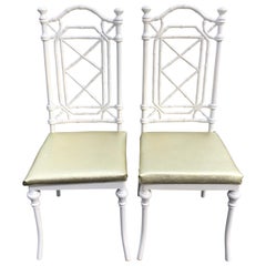 Vintage Pair of Hollywood Regency White Faux Bamboo Chairs