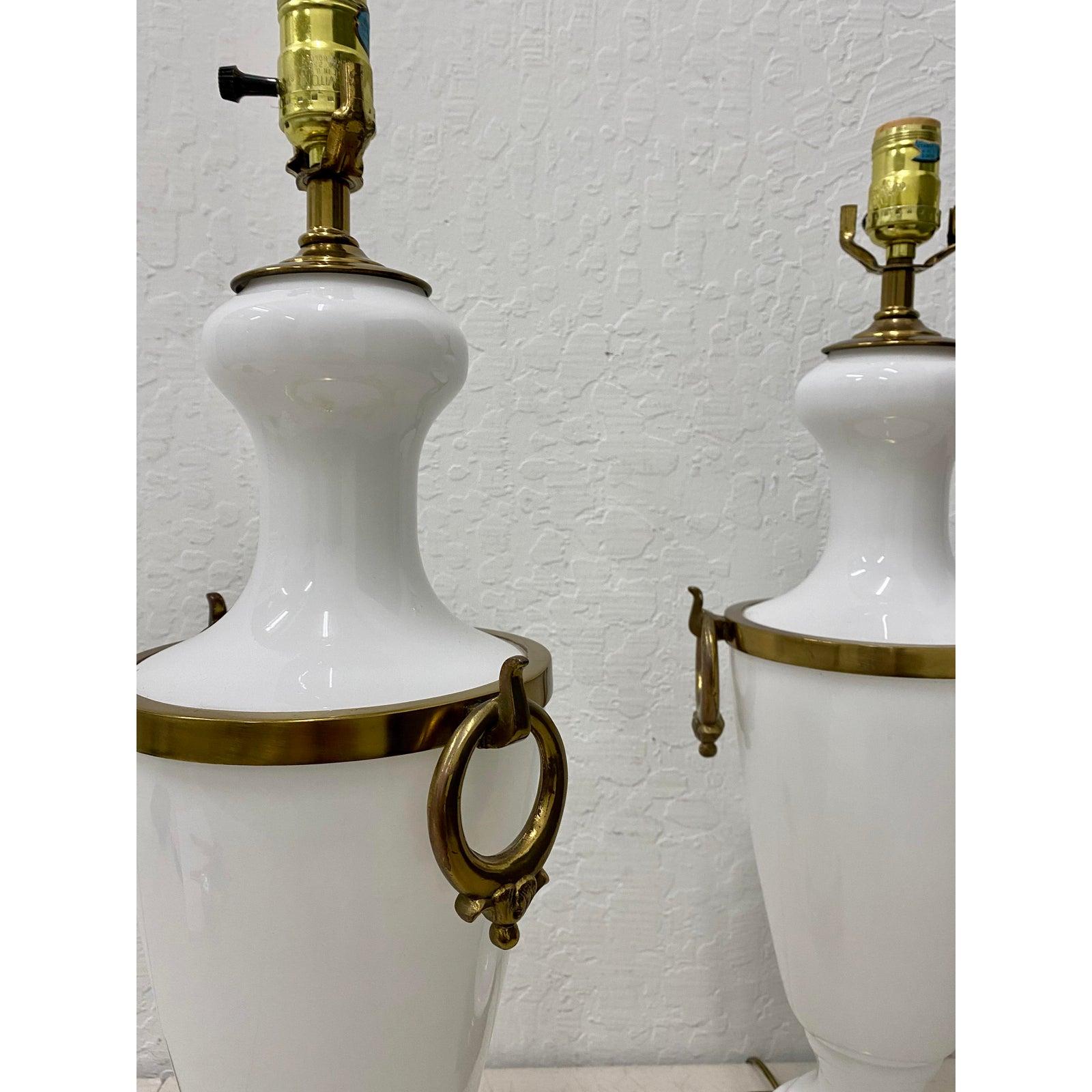 American Pair of Hollywood Regency White Glass with Brass Mounts Table Lamps, circa 1950 For Sale