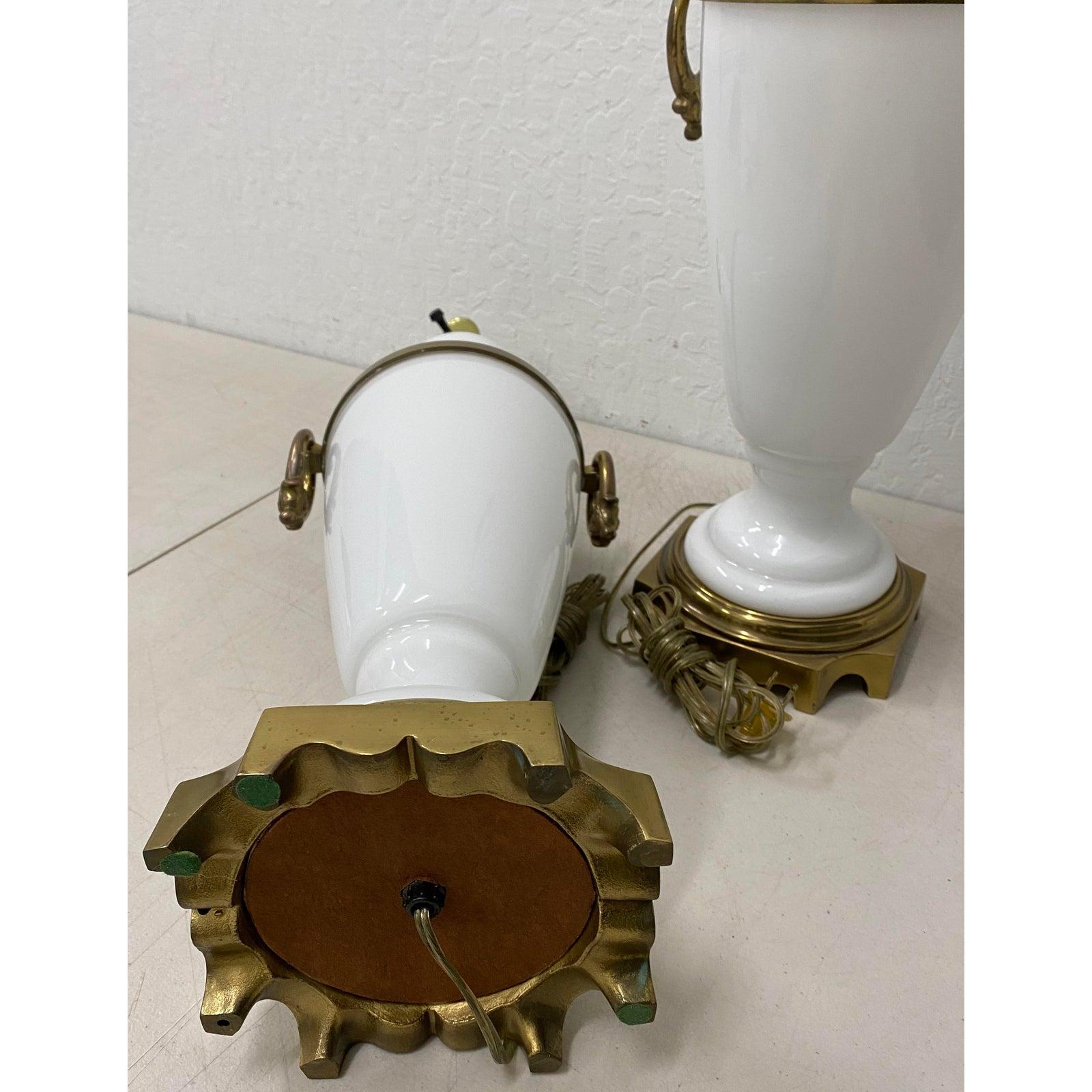 Molded Pair of Hollywood Regency White Glass with Brass Mounts Table Lamps, circa 1950 For Sale