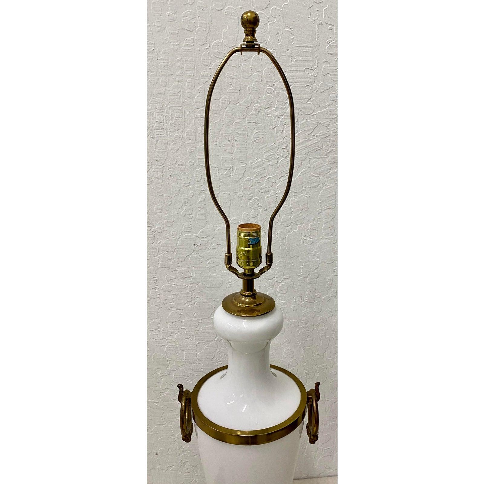 Pair of Hollywood Regency White Glass with Brass Mounts Table Lamps, circa 1950 For Sale 1