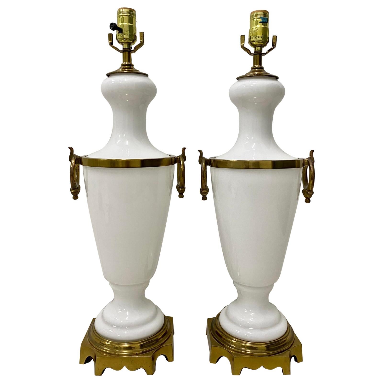 Pair of Hollywood Regency White Glass with Brass Mounts Table Lamps, circa 1950
