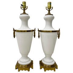 Vintage Pair of Hollywood Regency White Glass with Brass Mounts Table Lamps, circa 1950