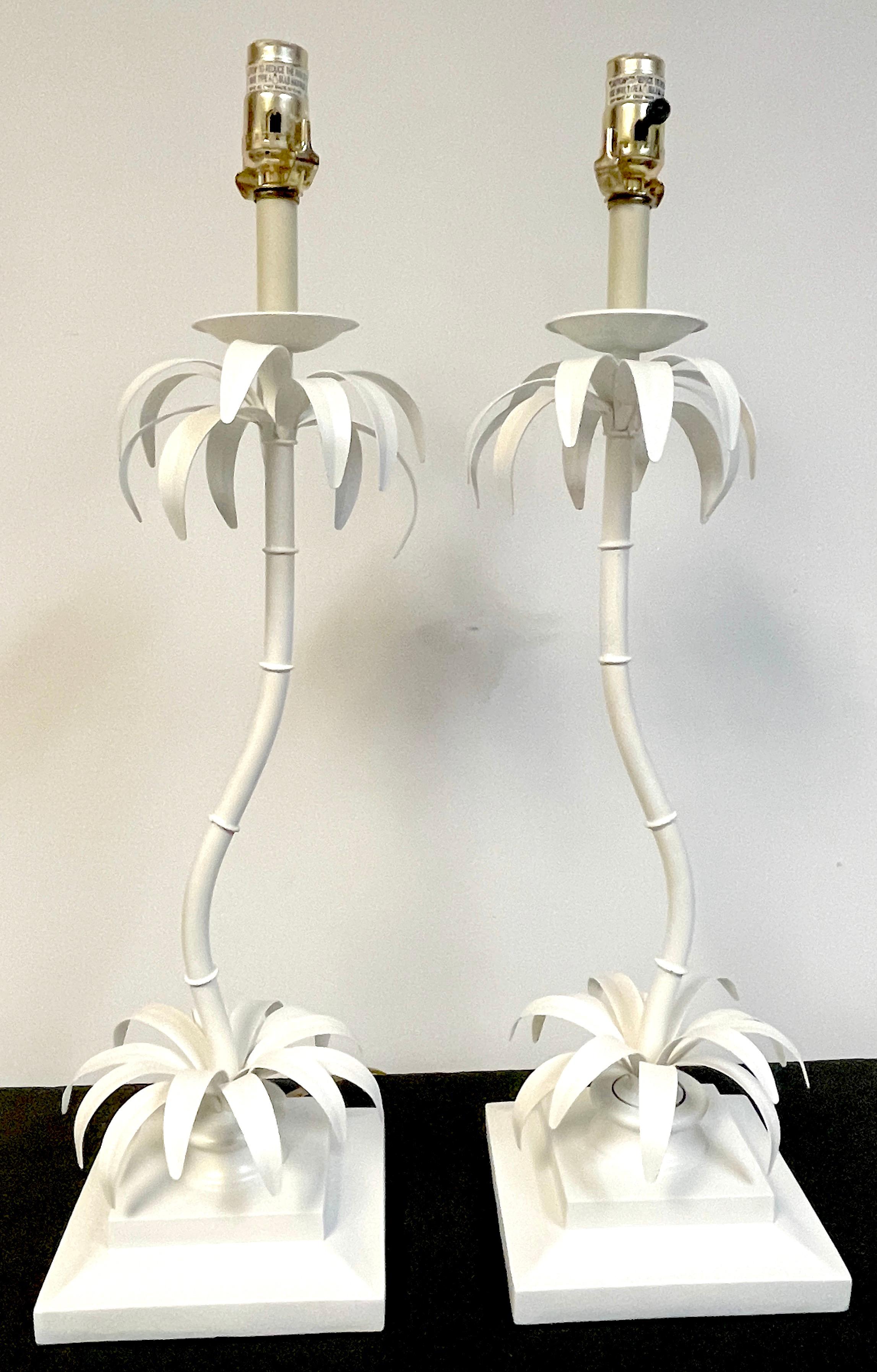 Italian Pair of Hollywood Regency White Lacquered Contoured Palm Tree Lamps