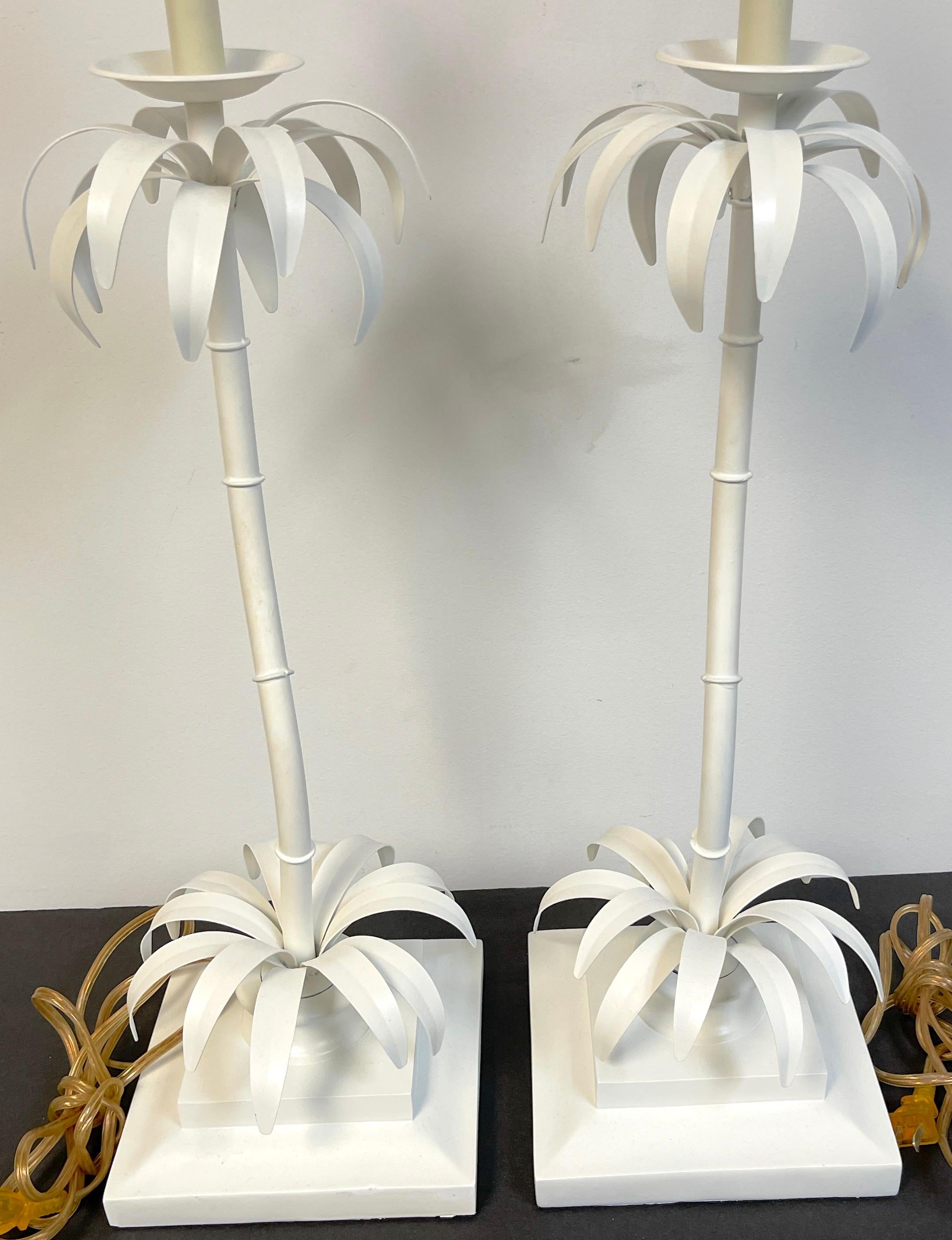 Wrought Iron Pair of Hollywood Regency White Lacquered Contoured Palm Tree Lamps