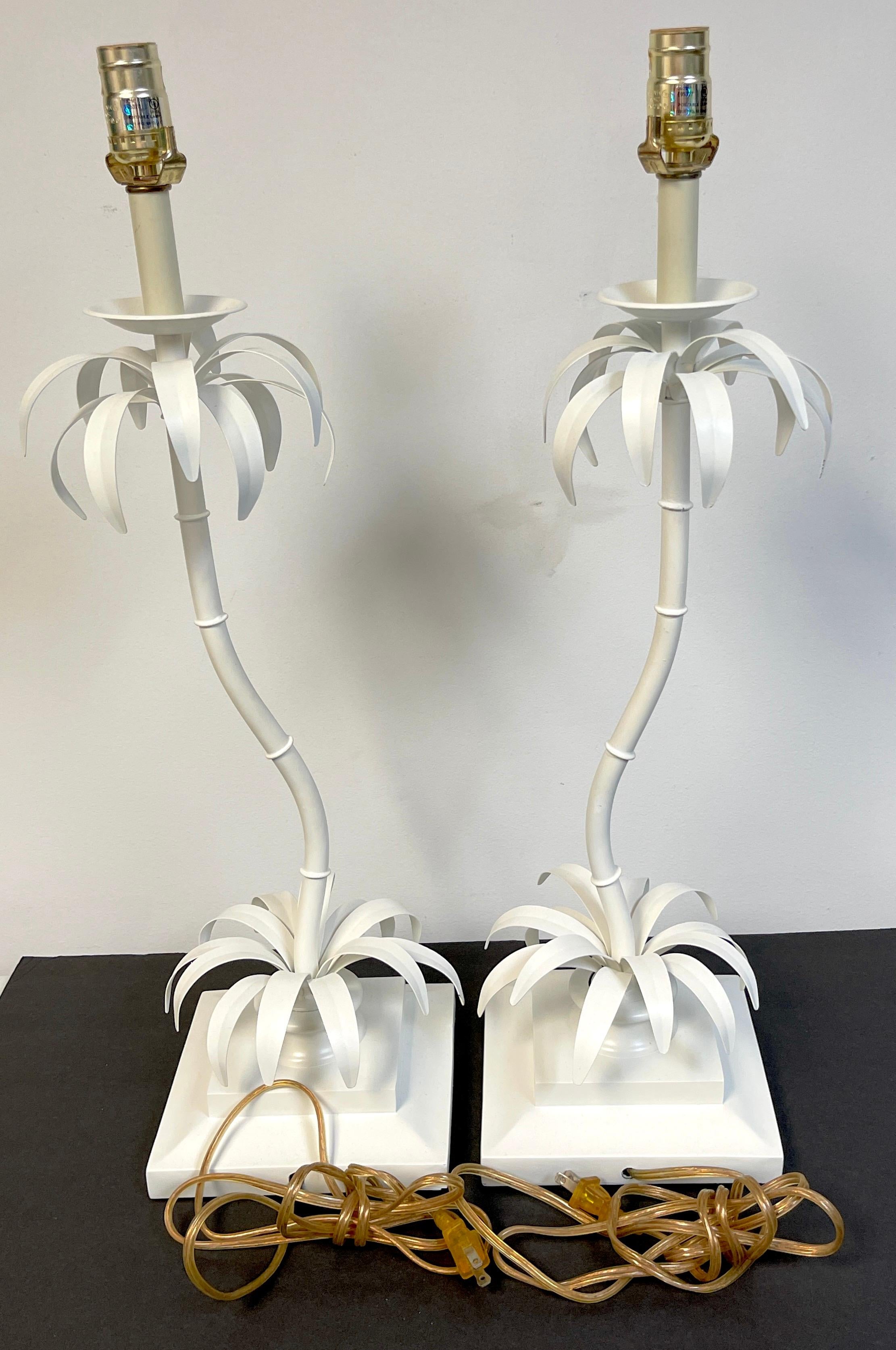 Pair of Hollywood Regency White Lacquered Contoured Palm Tree Lamps 1