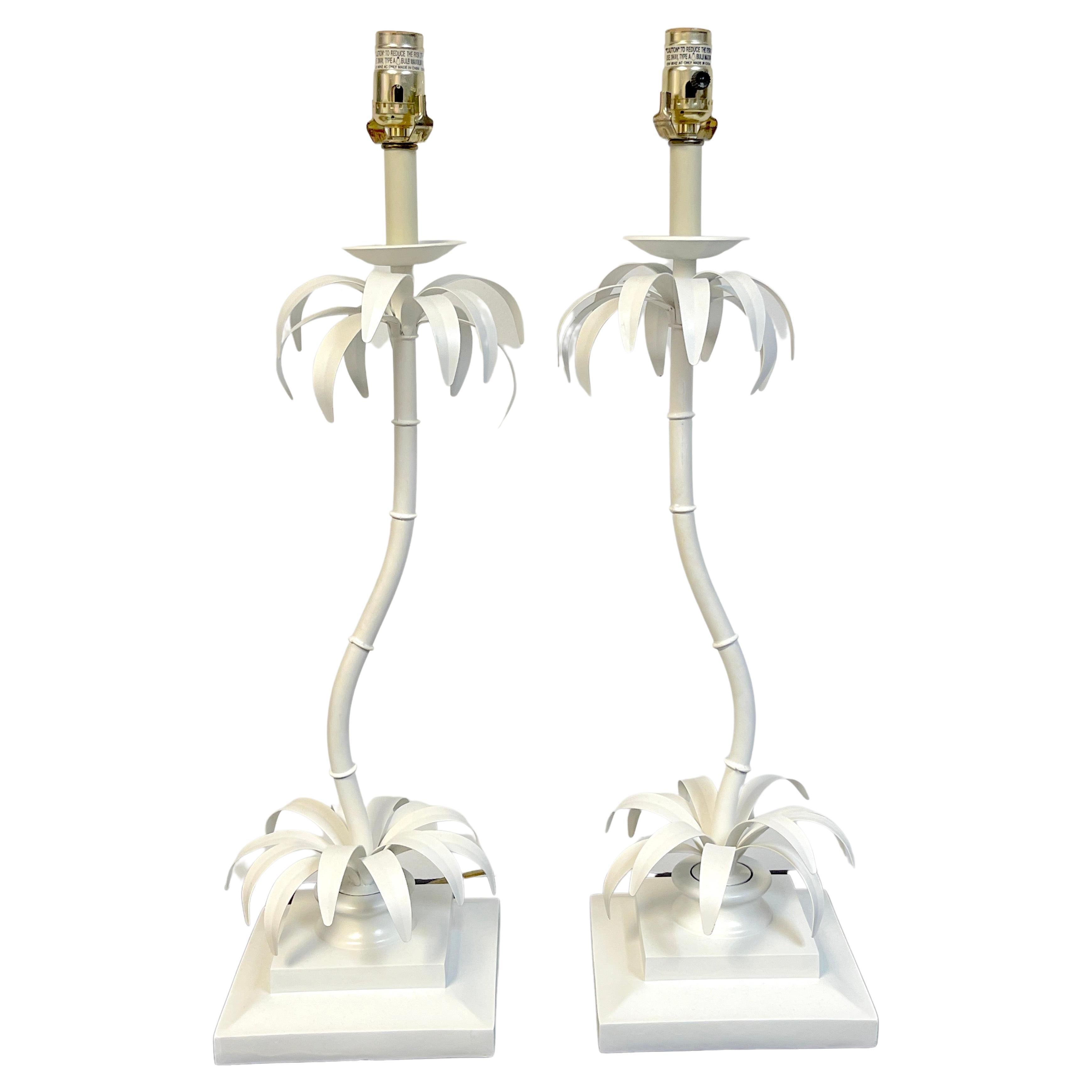 Pair of Hollywood Regency White Lacquered Contoured Palm Tree Lamps