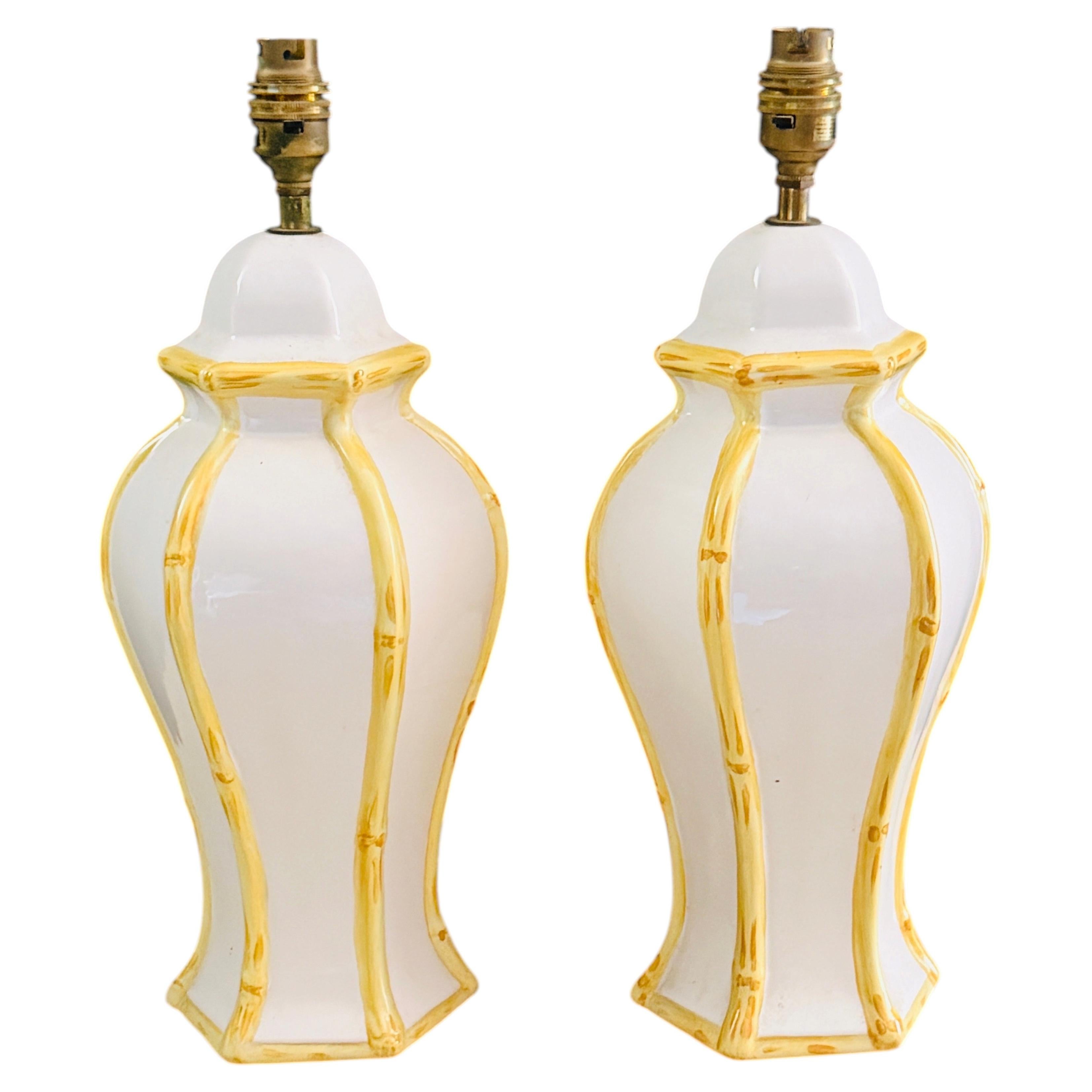 Pair of Hollywood Regency White Porcelain Faux Bamboo Table Lamps