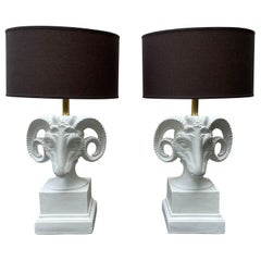 Pair of Hollywood Regency White Rams Head Table Lamps