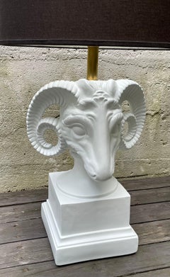 Pair of Monumental French Neoclassical Style White Plaster Ram's Head Lamps