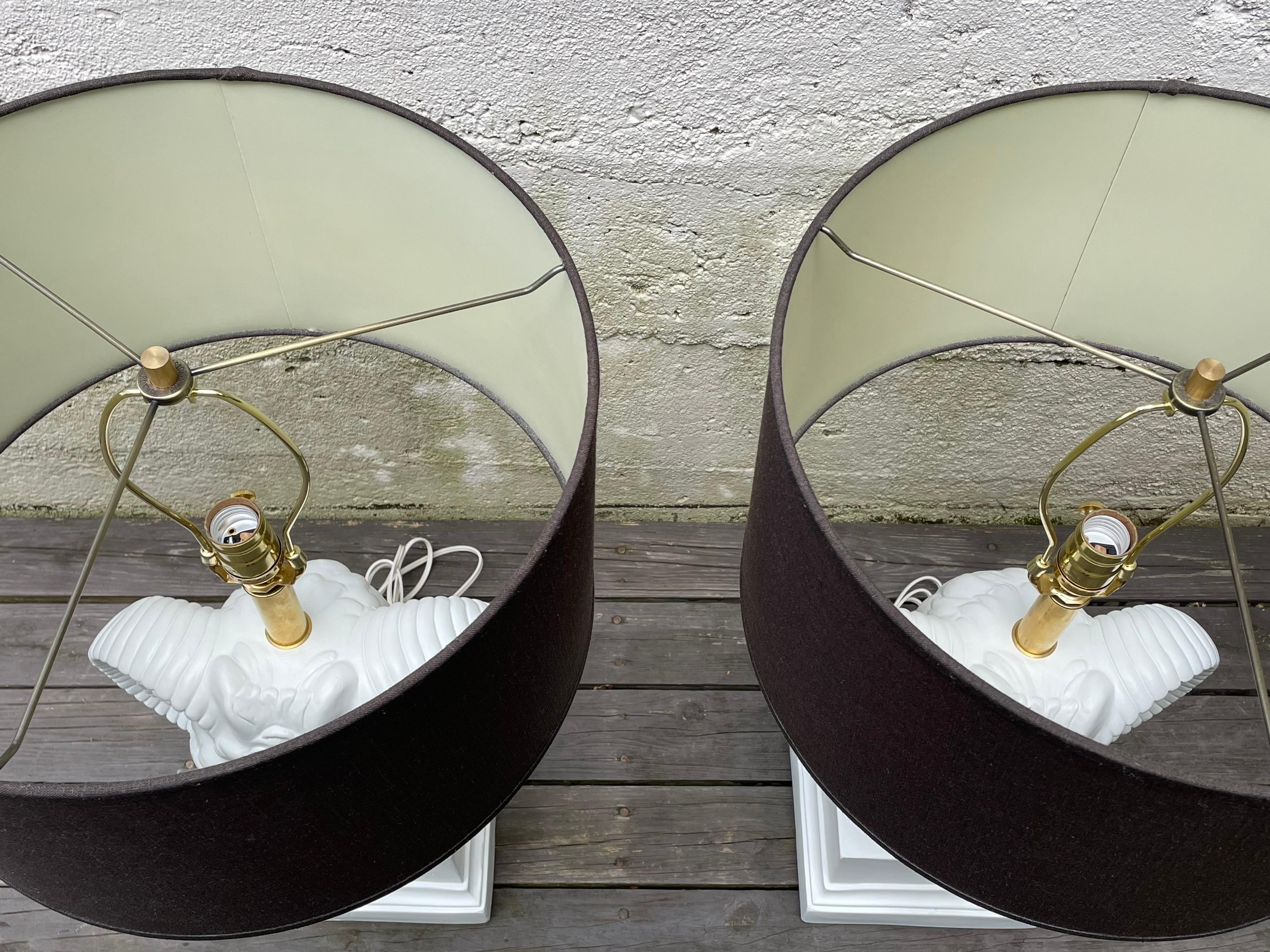 French Pair of Hollywood Regency White Rams Head Table Lamps For Sale