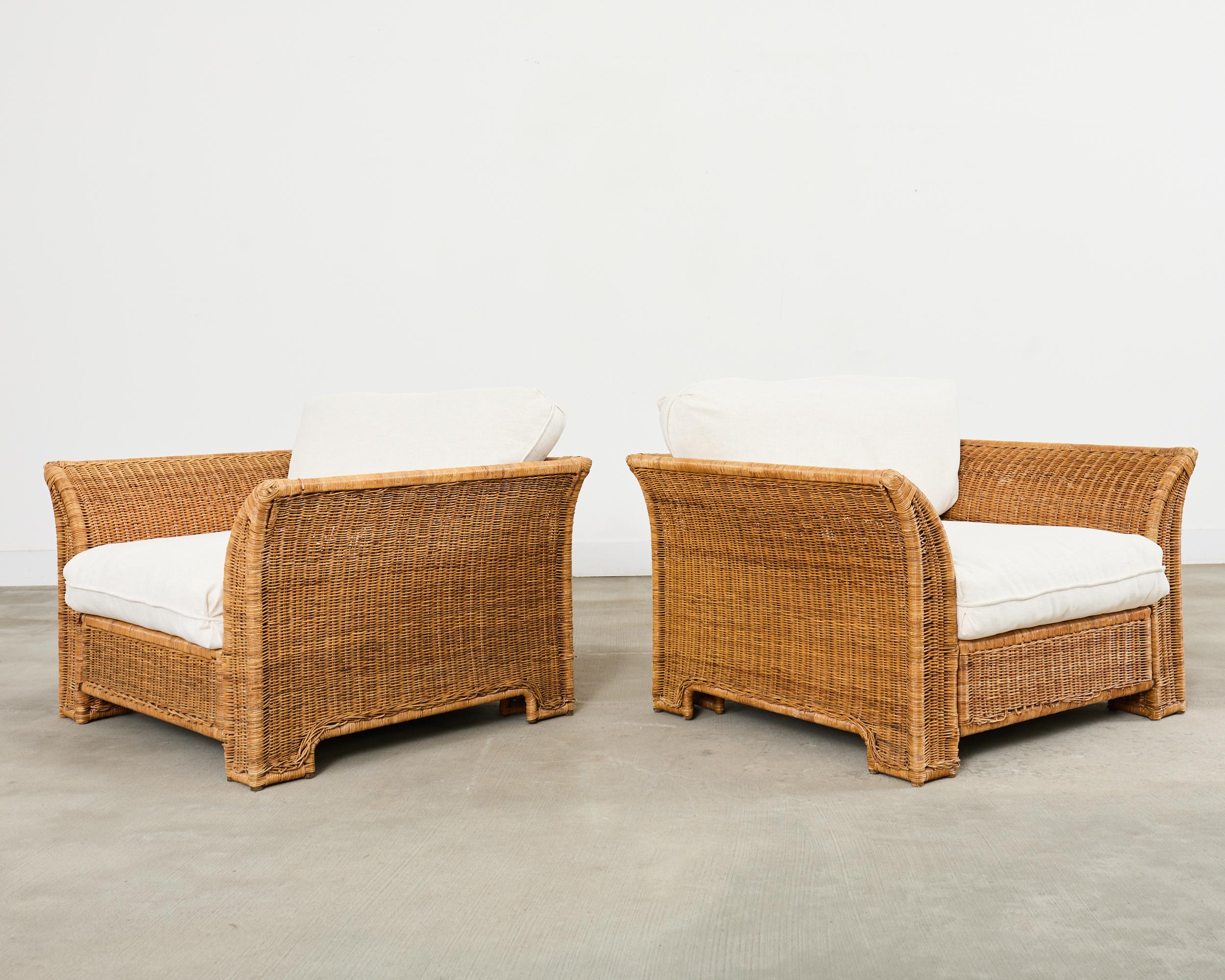 Pair of Hollywood Regency Wicker Lounge Chairs with Ottomans For Sale 6
