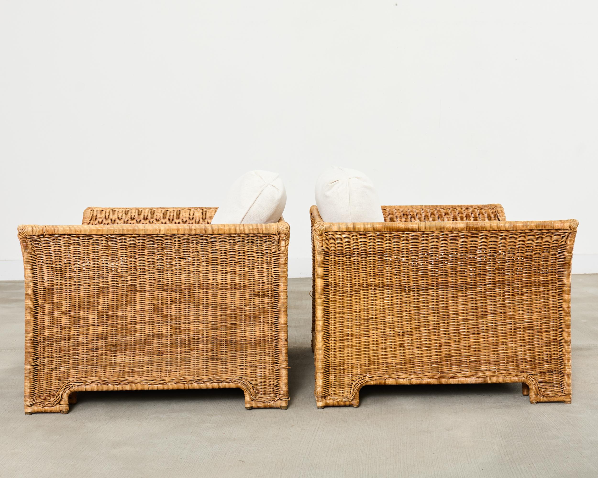 Pair of Hollywood Regency Wicker Lounge Chairs with Ottomans For Sale 7