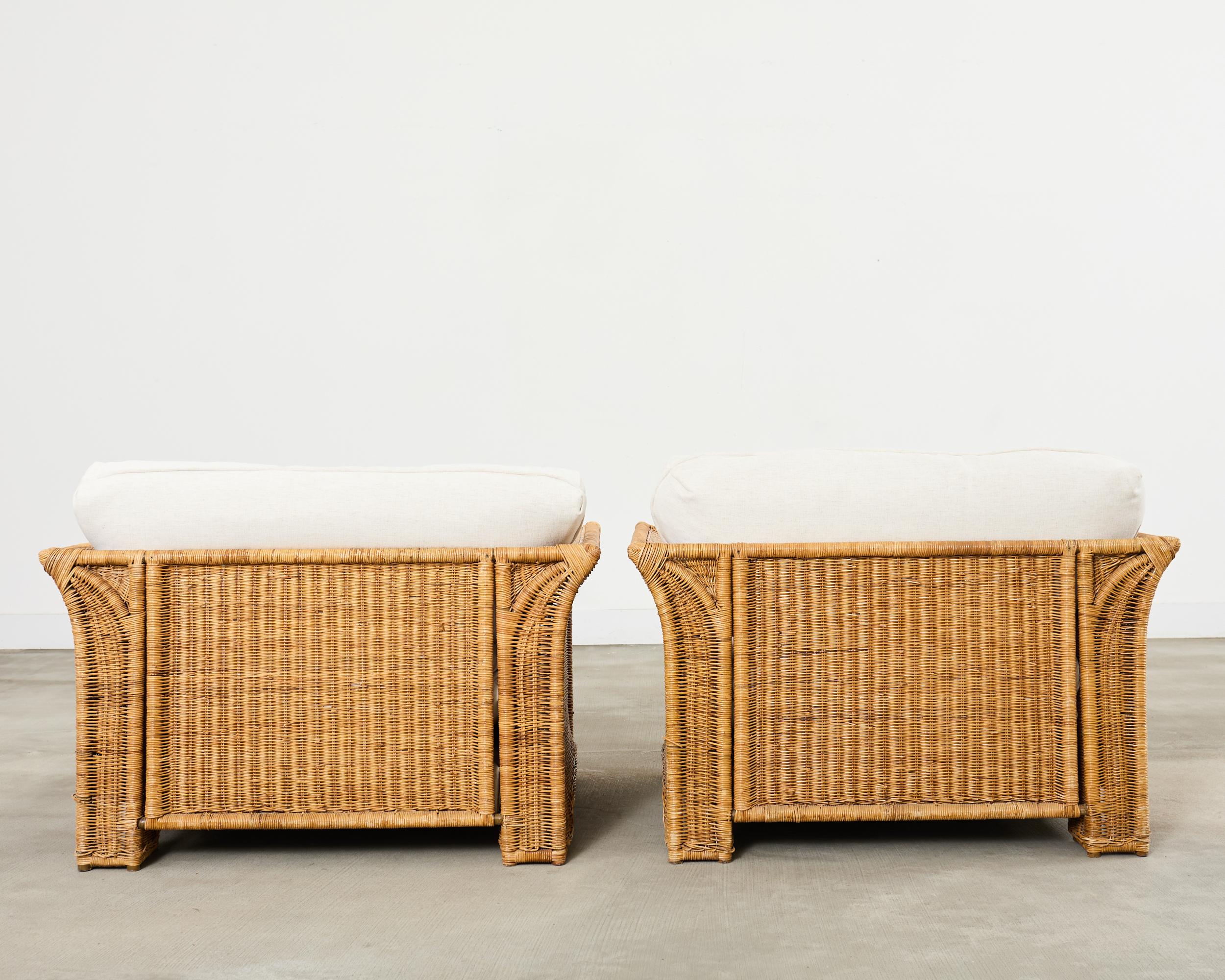 Pair of Hollywood Regency Wicker Lounge Chairs with Ottomans For Sale 8