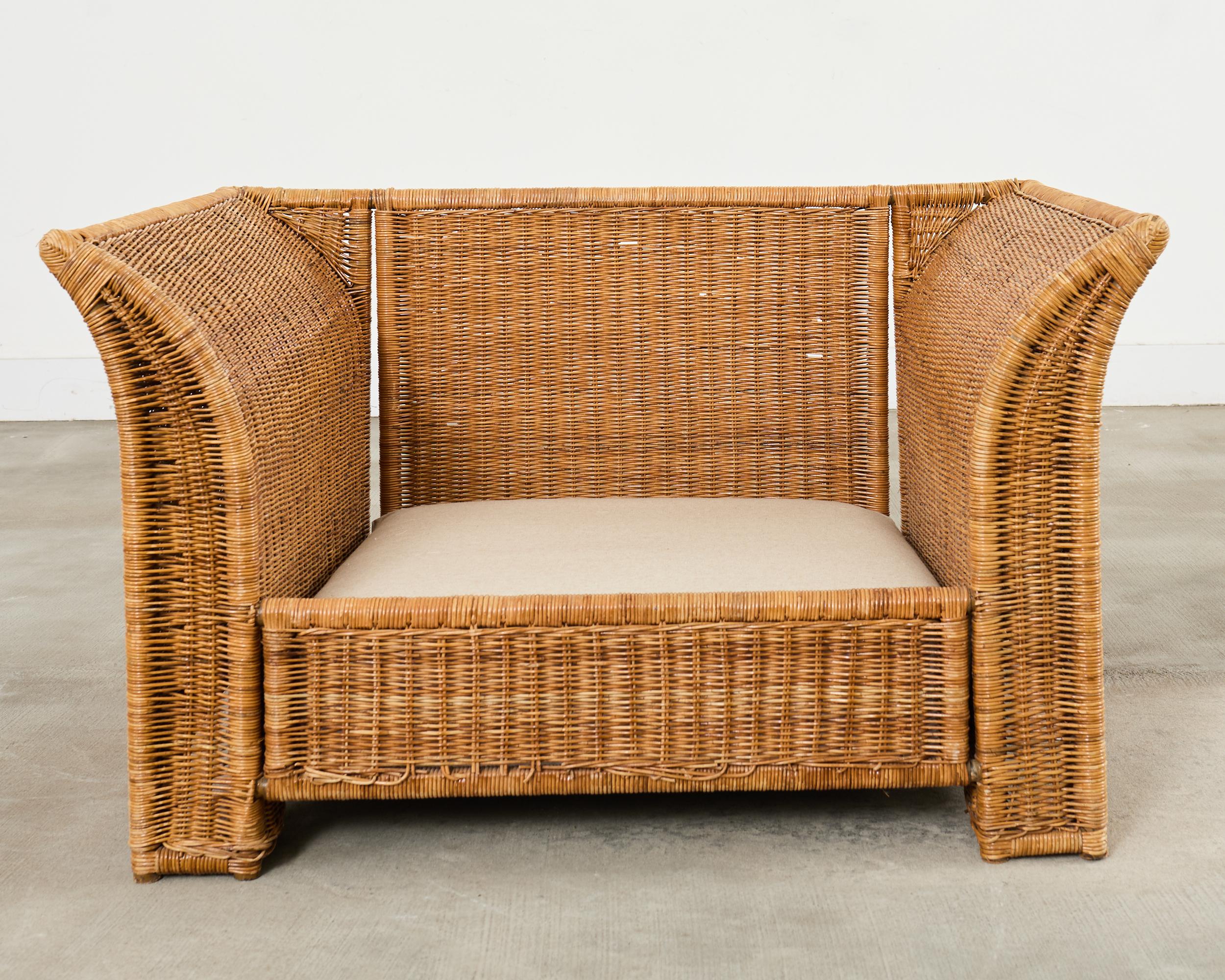 Pair of Hollywood Regency Wicker Lounge Chairs with Ottomans For Sale 9