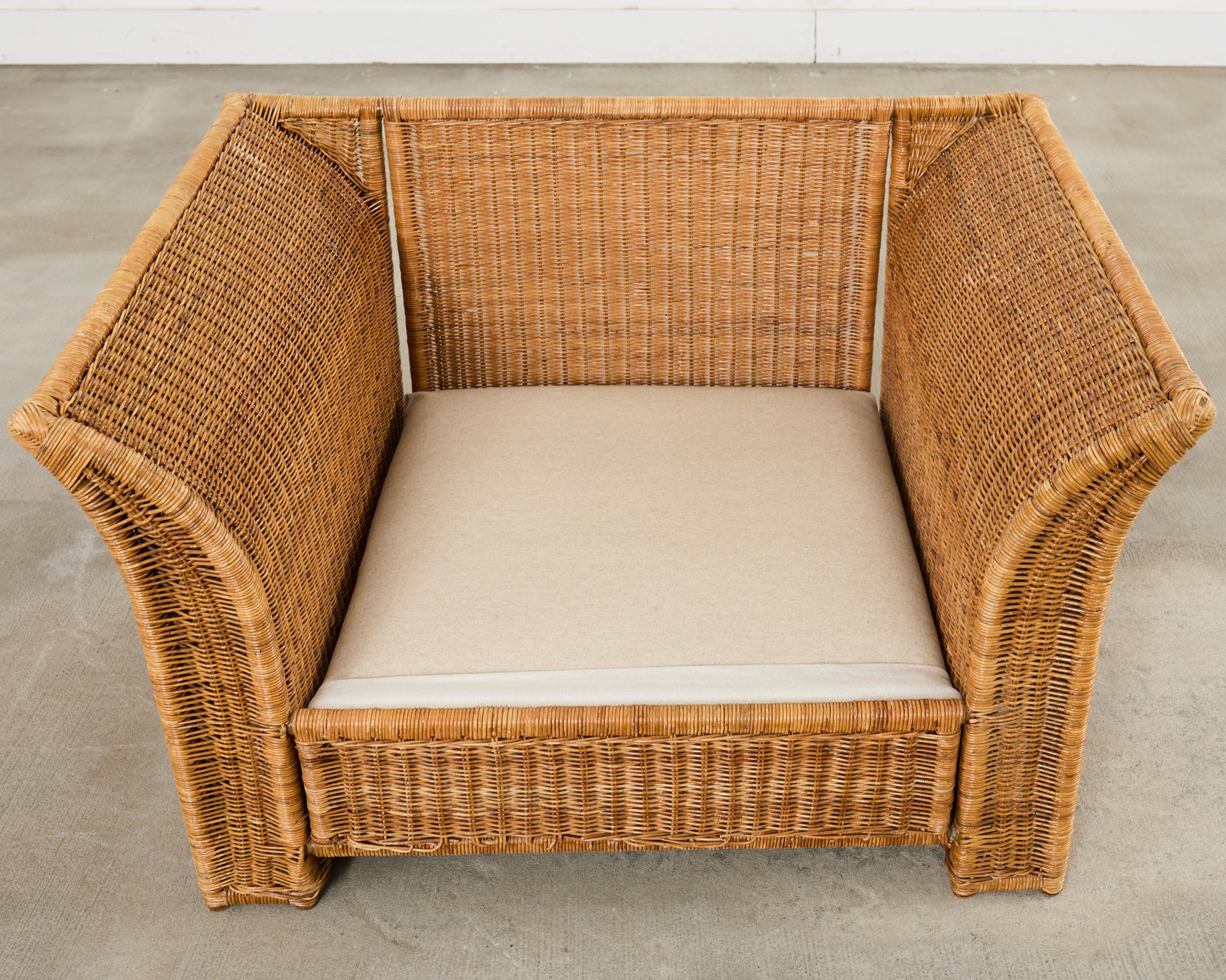 Pair of Hollywood Regency Wicker Lounge Chairs with Ottomans For Sale 10
