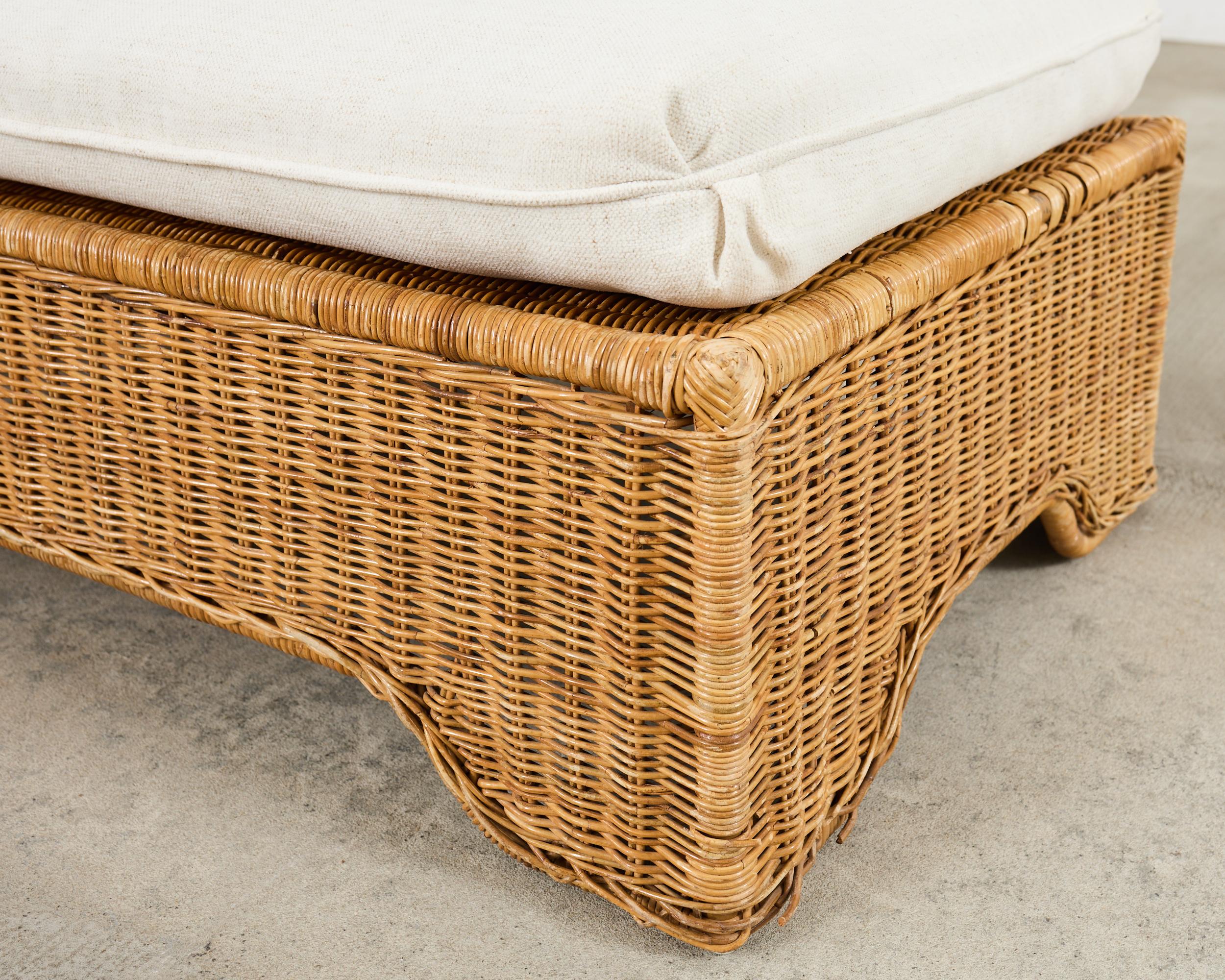 Pair of Hollywood Regency Wicker Lounge Chairs with Ottomans For Sale 12