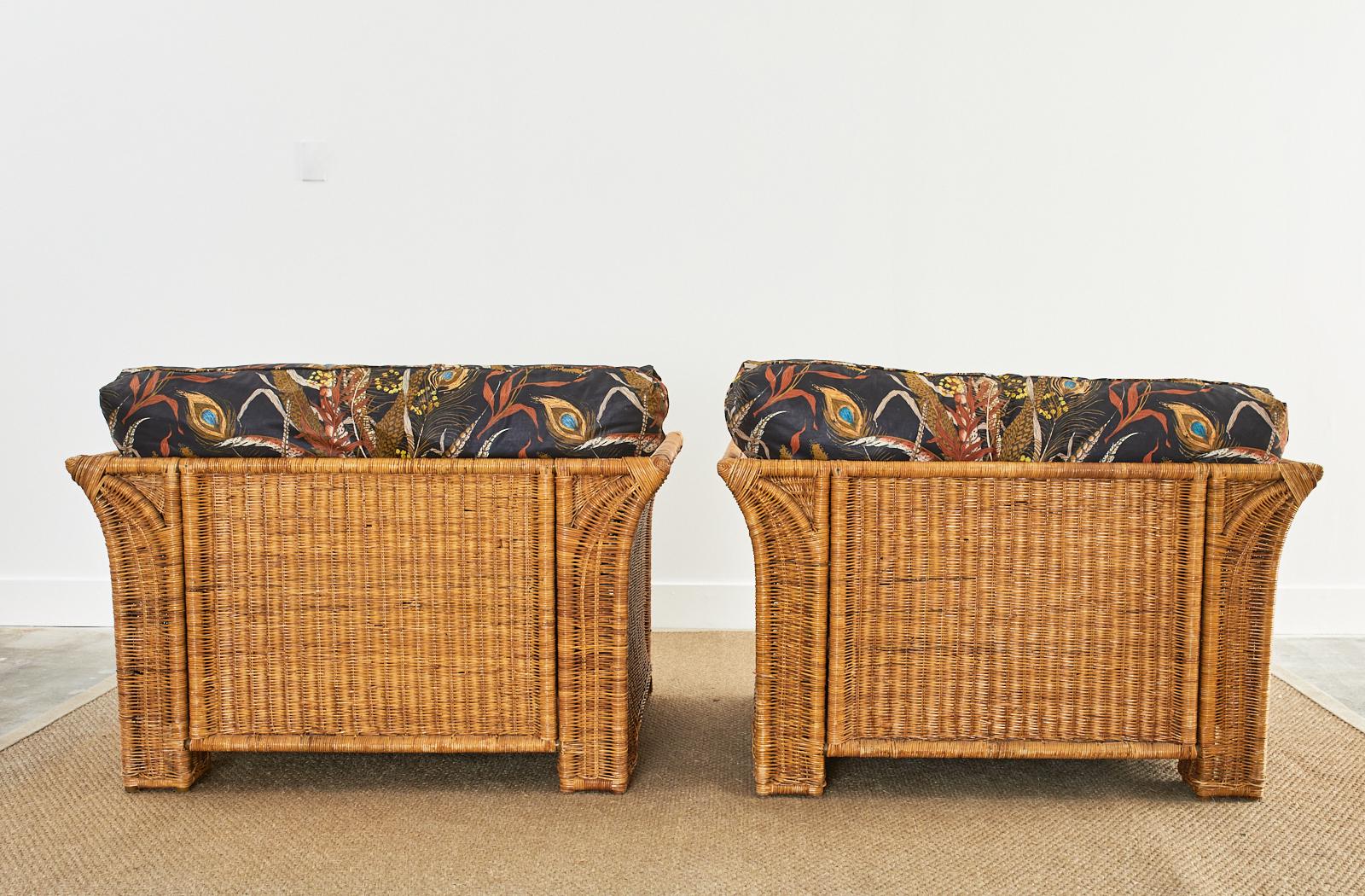 Pair of Hollywood Regency Wicker Lounge Chairs with Ottomans For Sale 12