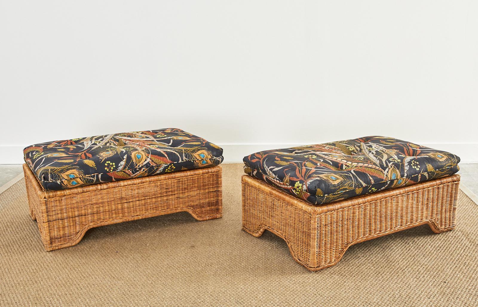 Pair of Hollywood Regency Wicker Lounge Chairs with Ottomans For Sale 13