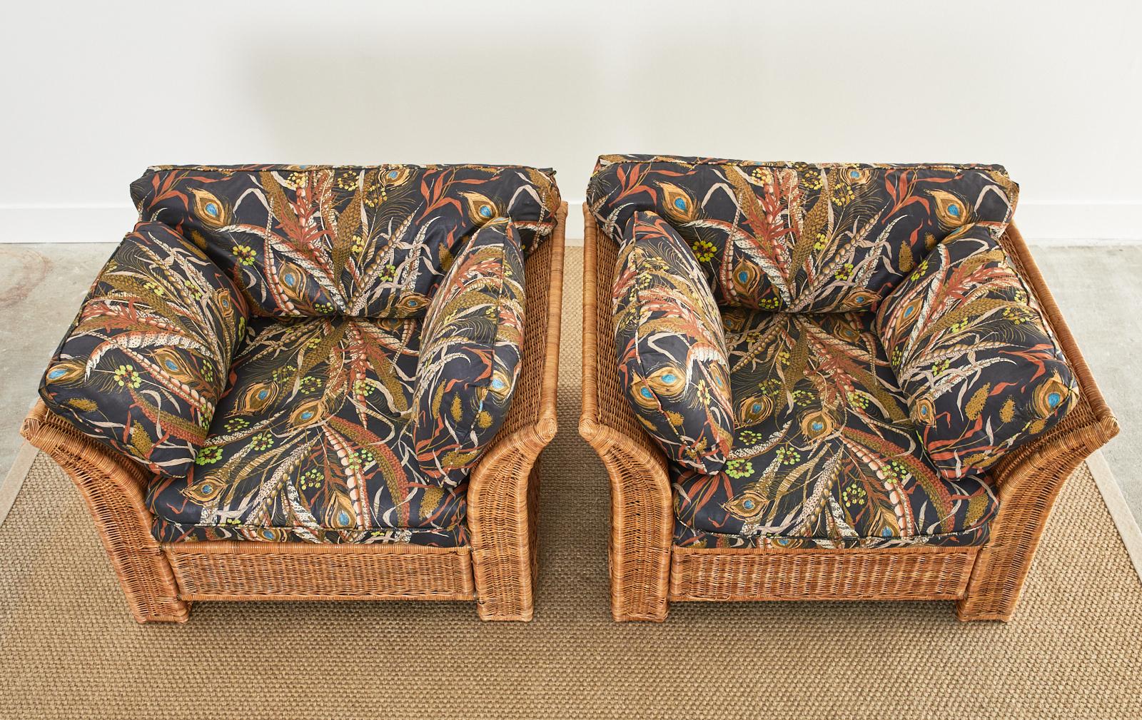 Hand-Crafted Pair of Hollywood Regency Wicker Lounge Chairs with Ottomans For Sale