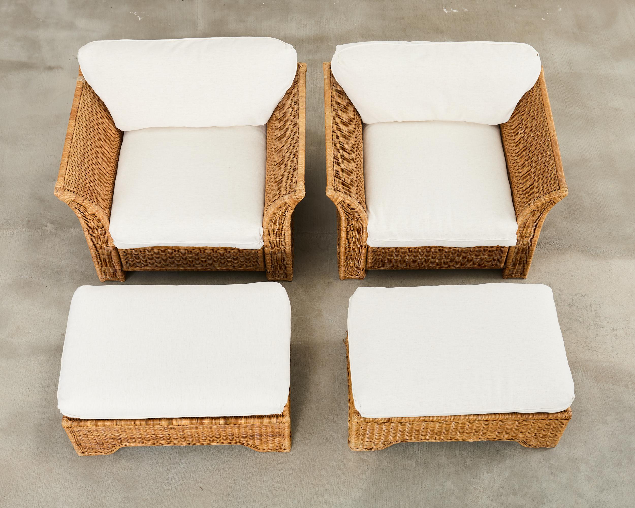 Hand-Crafted Pair of Hollywood Regency Wicker Lounge Chairs with Ottomans For Sale