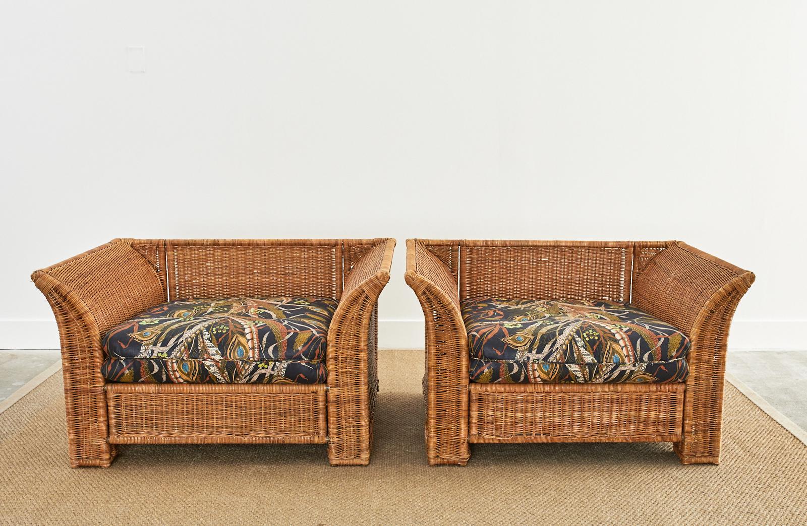 Pair of Hollywood Regency Wicker Lounge Chairs with Ottomans In Good Condition For Sale In Rio Vista, CA