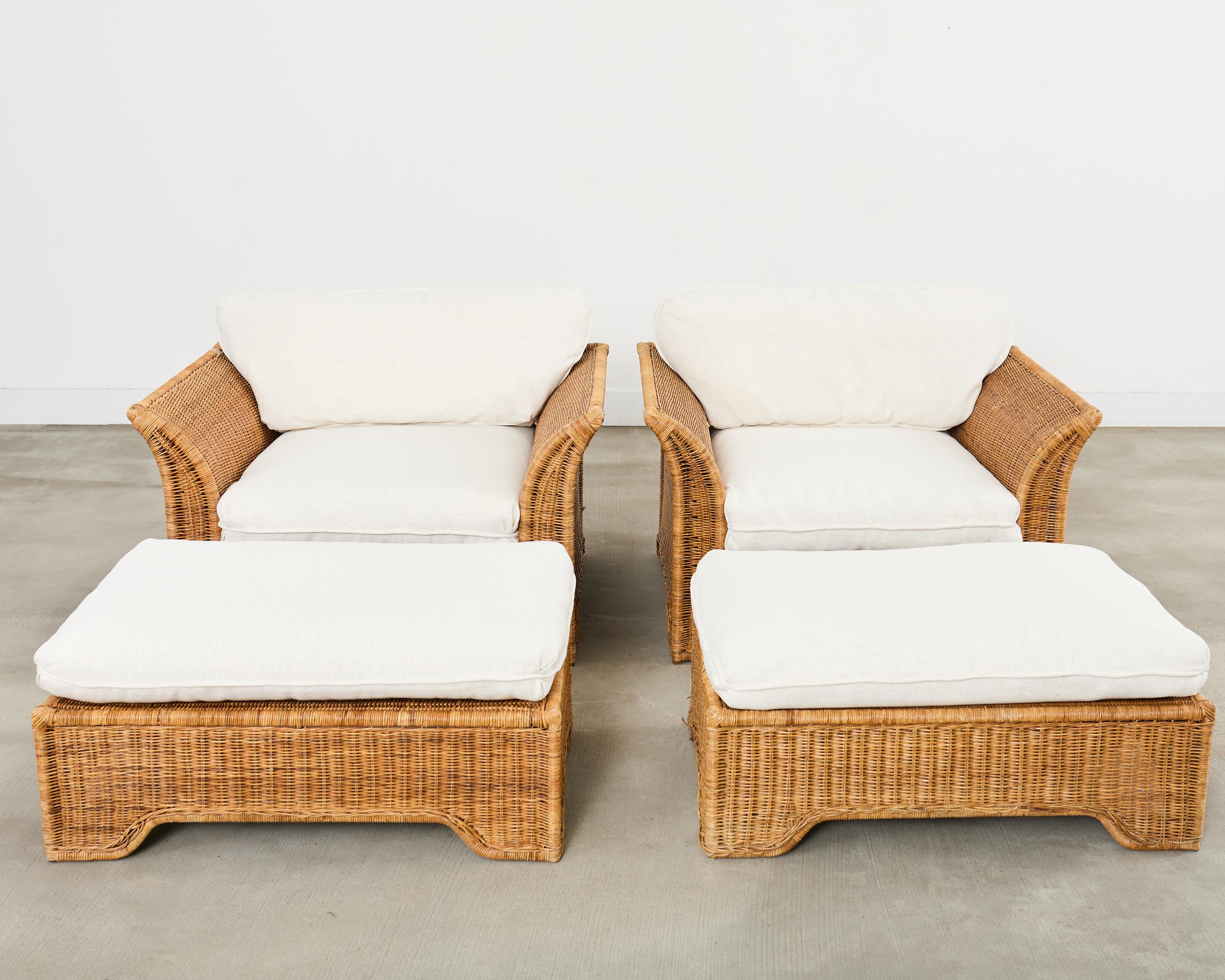 Pair of Hollywood Regency Wicker Lounge Chairs with Ottomans In Good Condition For Sale In Rio Vista, CA