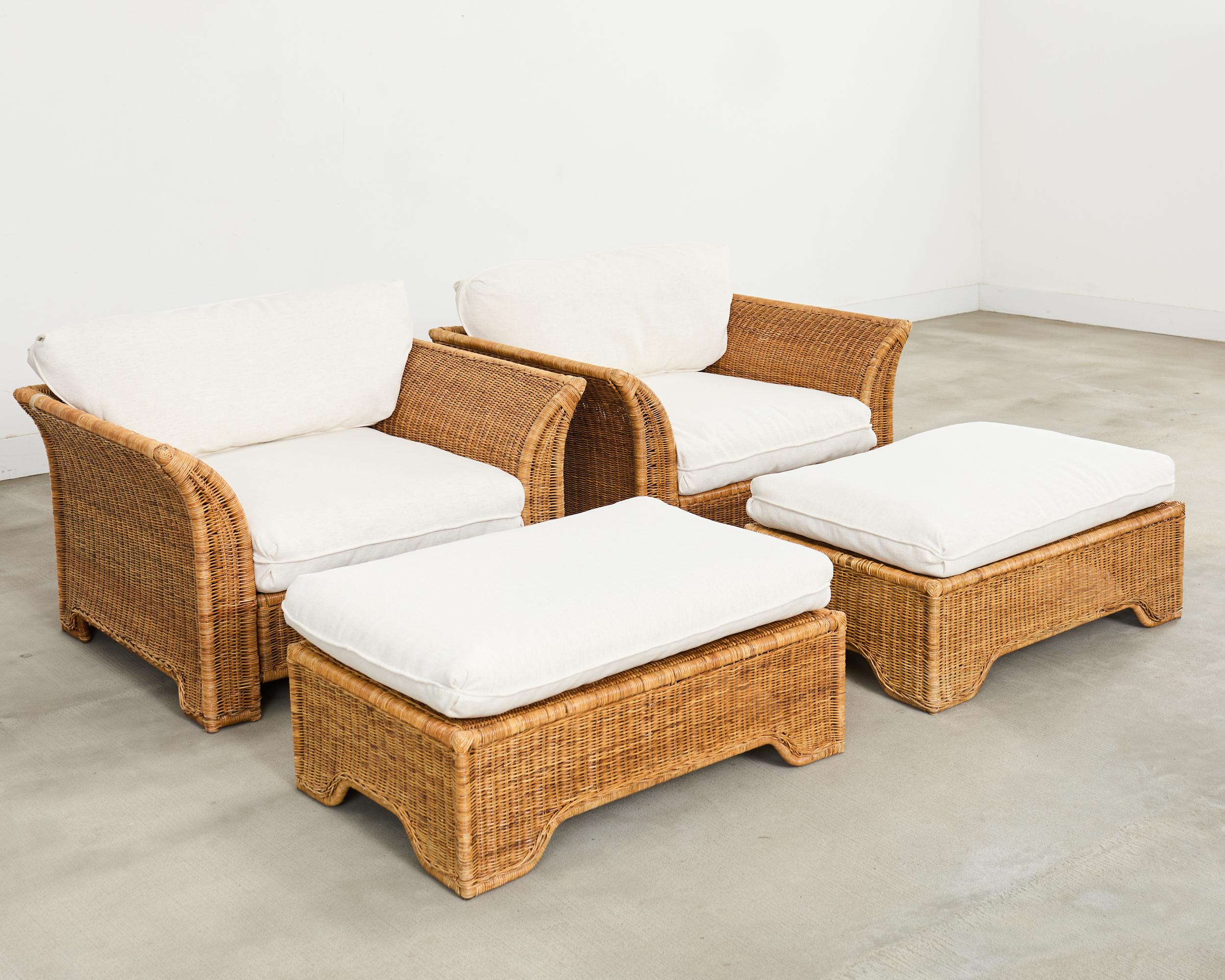 20th Century Pair of Hollywood Regency Wicker Lounge Chairs with Ottomans For Sale