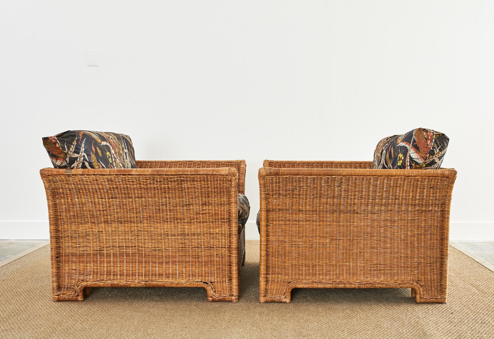 Metal Pair of Hollywood Regency Wicker Lounge Chairs with Ottomans For Sale