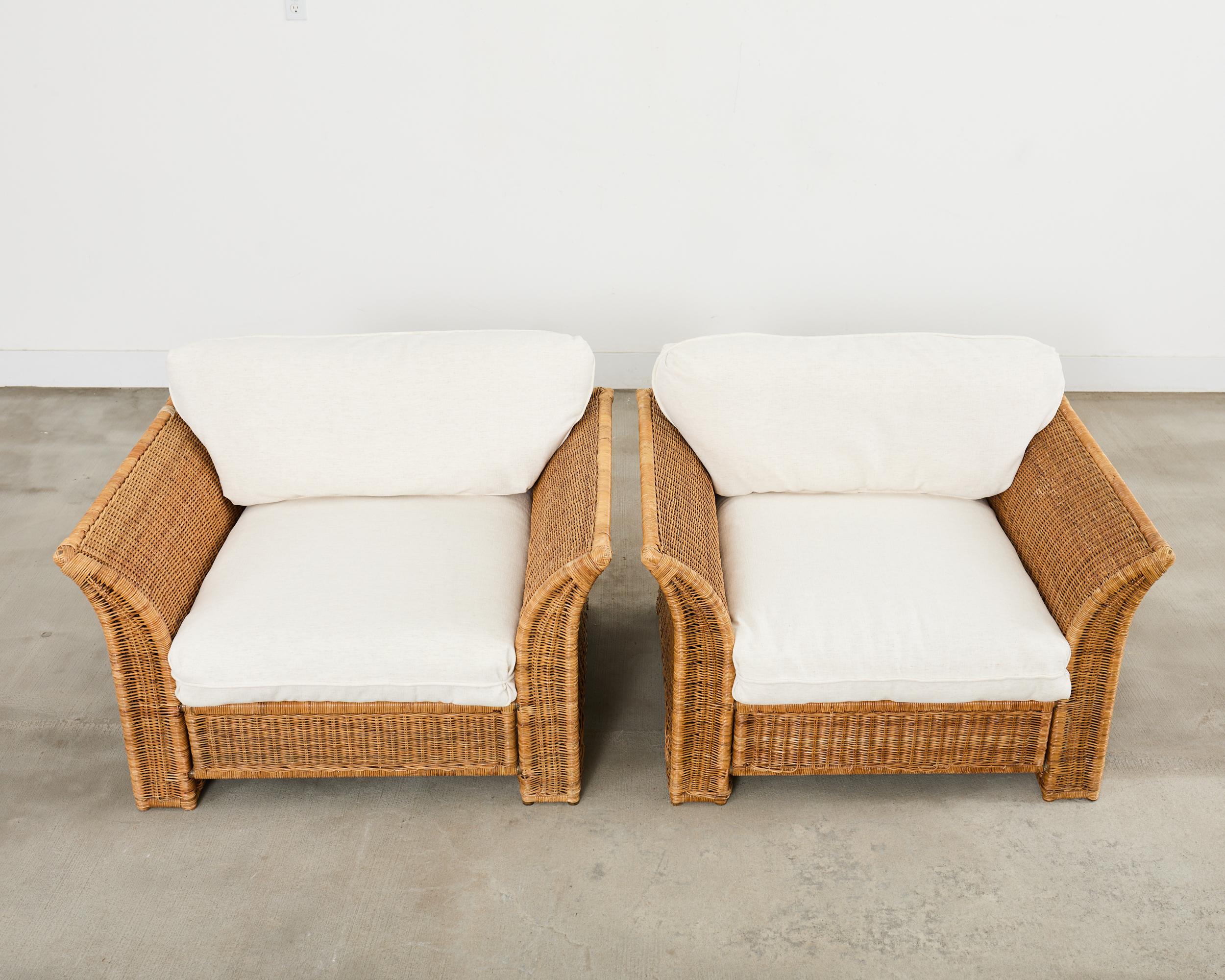 Pair of Hollywood Regency Wicker Lounge Chairs with Ottomans For Sale 1