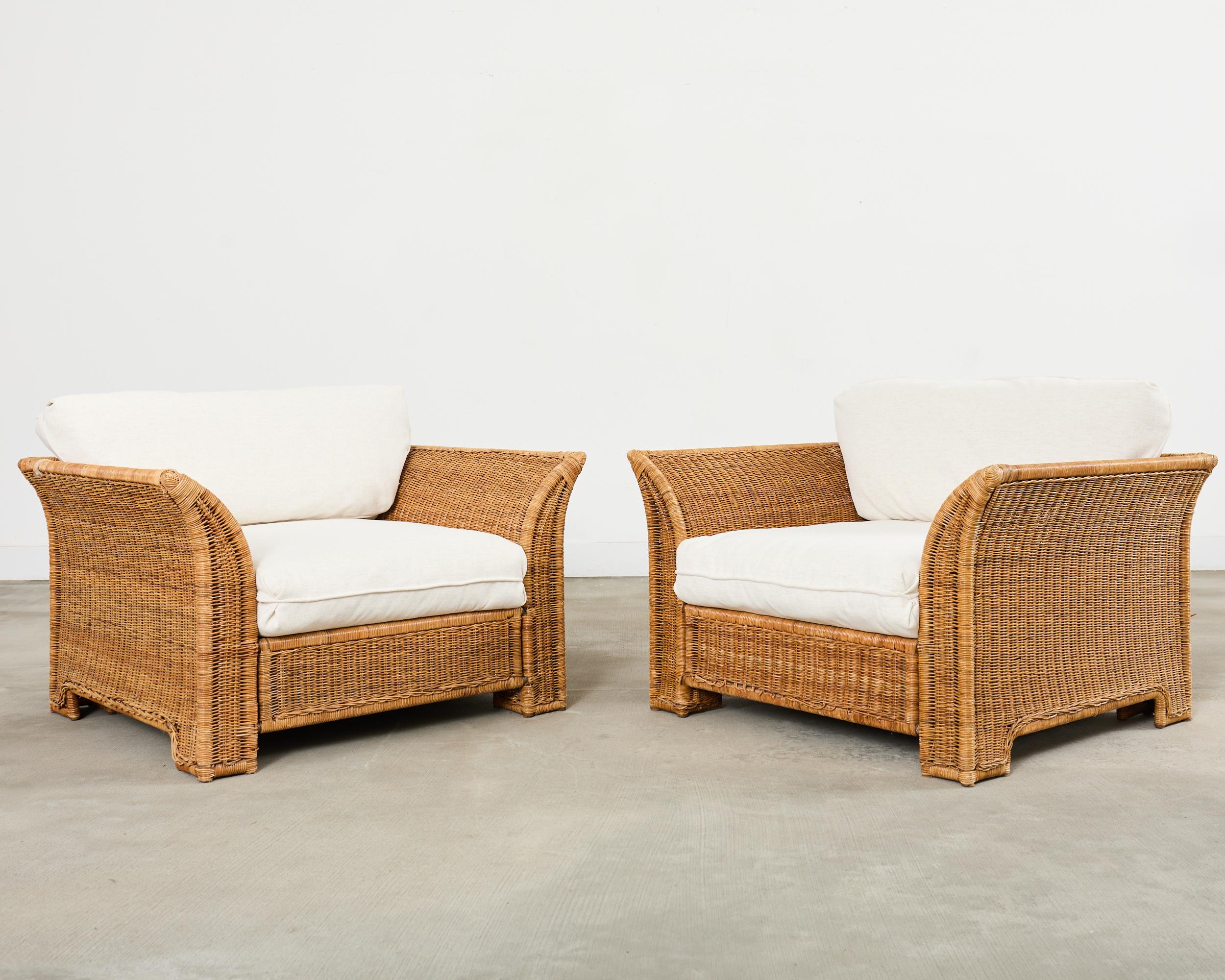 Pair of Hollywood Regency Wicker Lounge Chairs with Ottomans For Sale 2