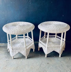 Pair of Hollywood Regency Wicker Two-Tier Side Tables with Gallery Shelves