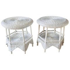Pair of Hollywood Regency Wicker Two-Tier Side Tables with Gallery Shelves