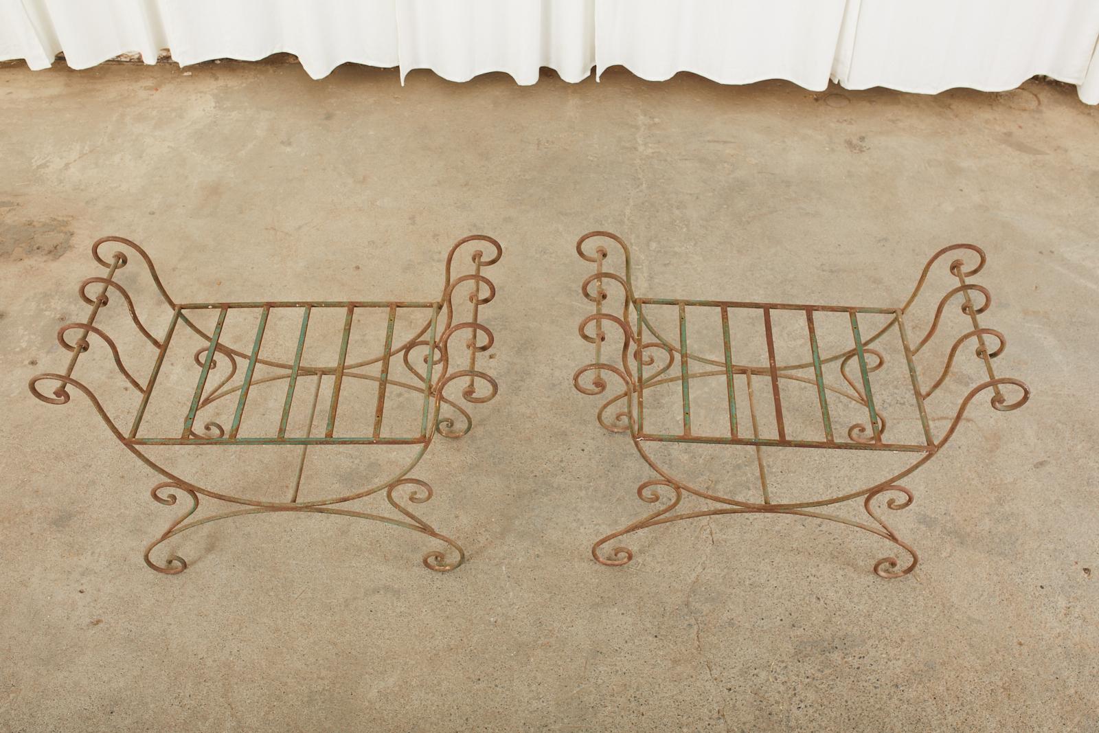 Pair of Hollywood Regency Wrought Iron Curule Benches For Sale 3