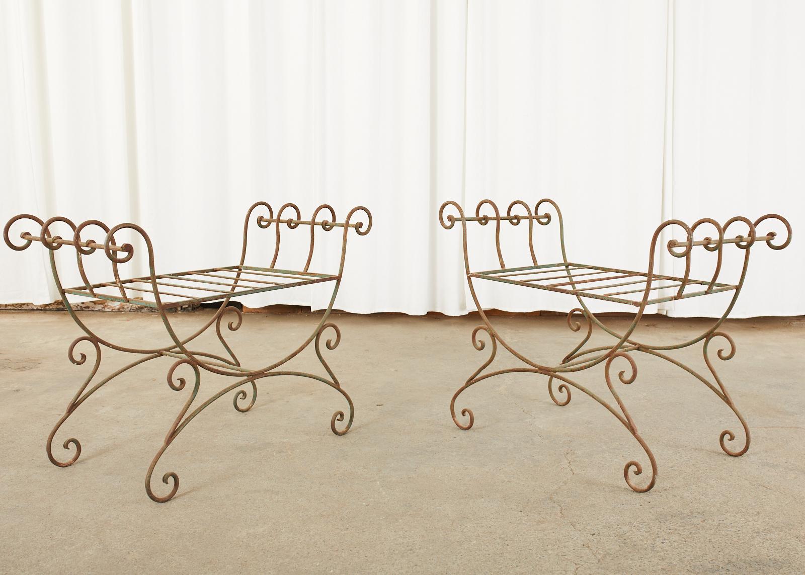 Pair of Hollywood Regency Wrought Iron Curule Benches For Sale 4