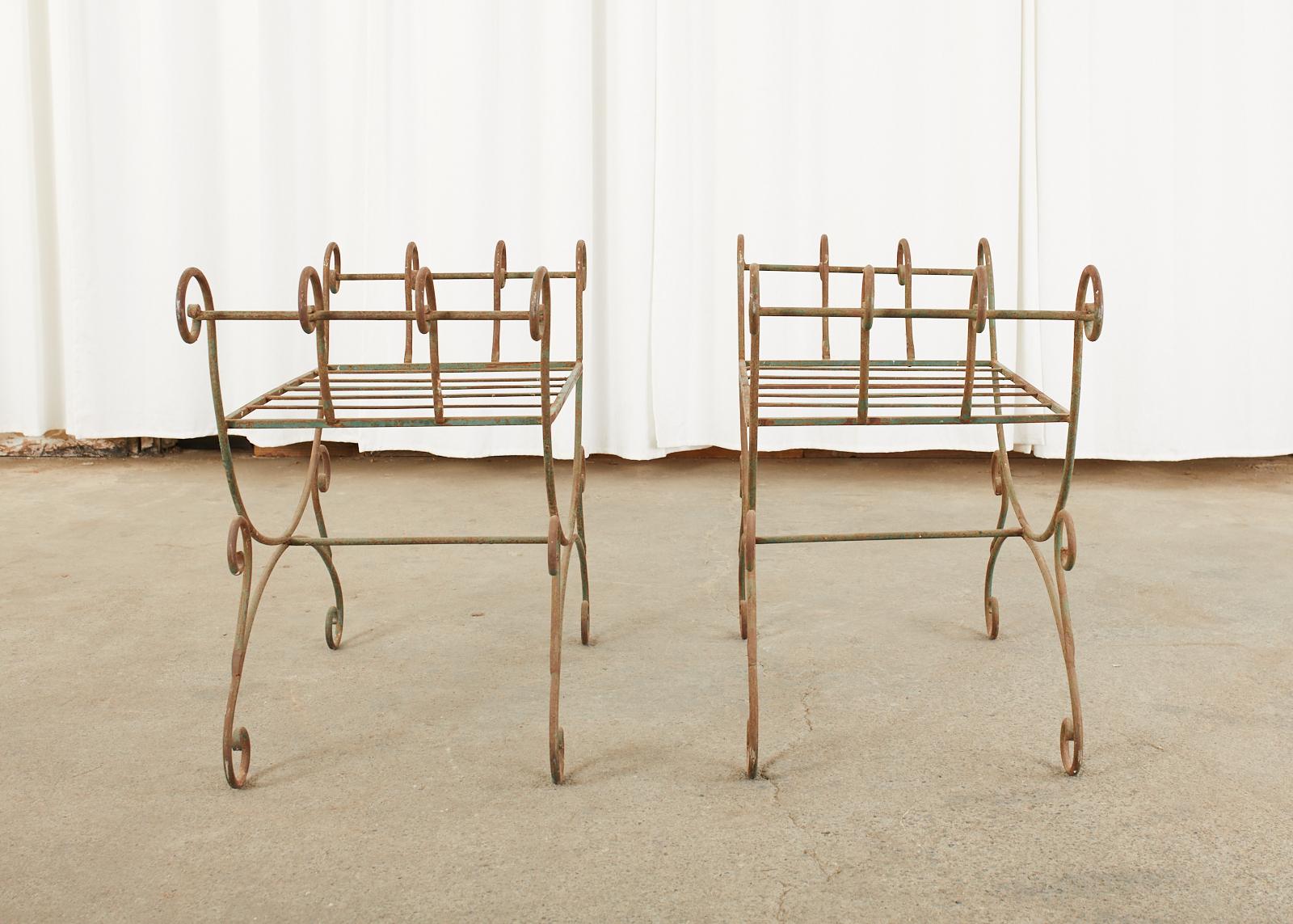 Pair of Hollywood Regency Wrought Iron Curule Benches For Sale 5