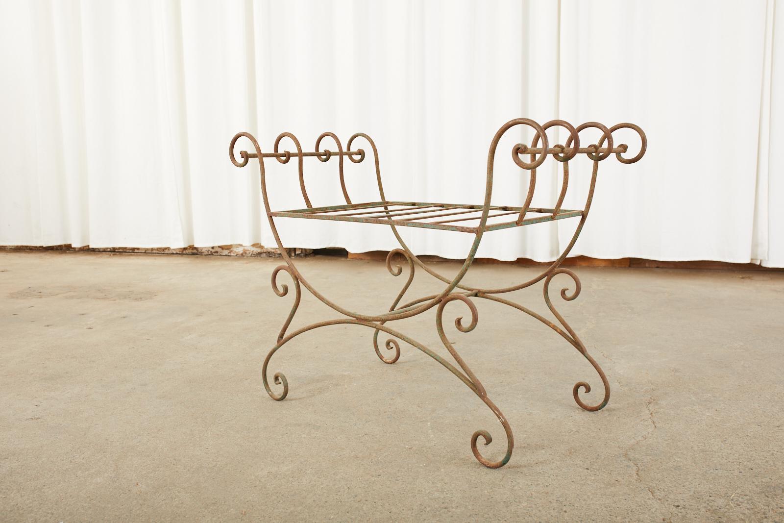 Pair of Hollywood Regency Wrought Iron Curule Benches For Sale 9