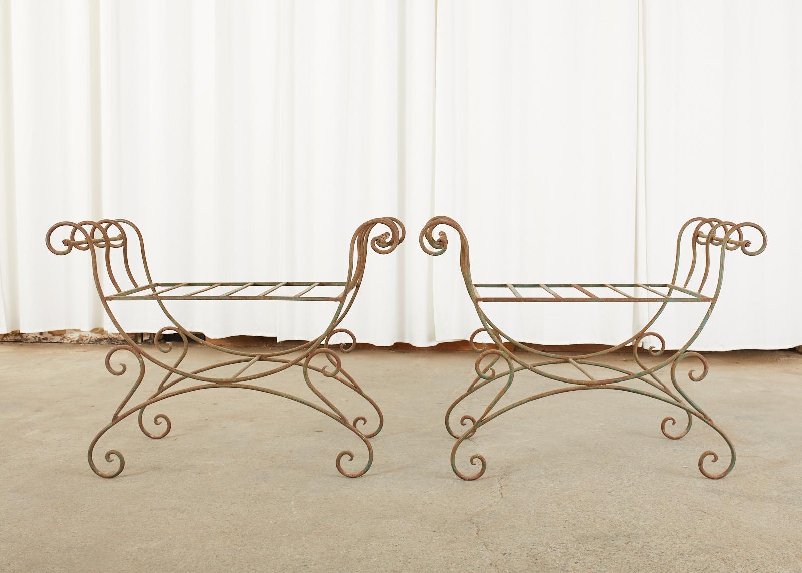 Pair of Hollywood Regency Wrought Iron Curule Benches For Sale 10