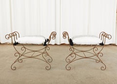 Pair of Hollywood Regency Wrought Iron Curule Benches