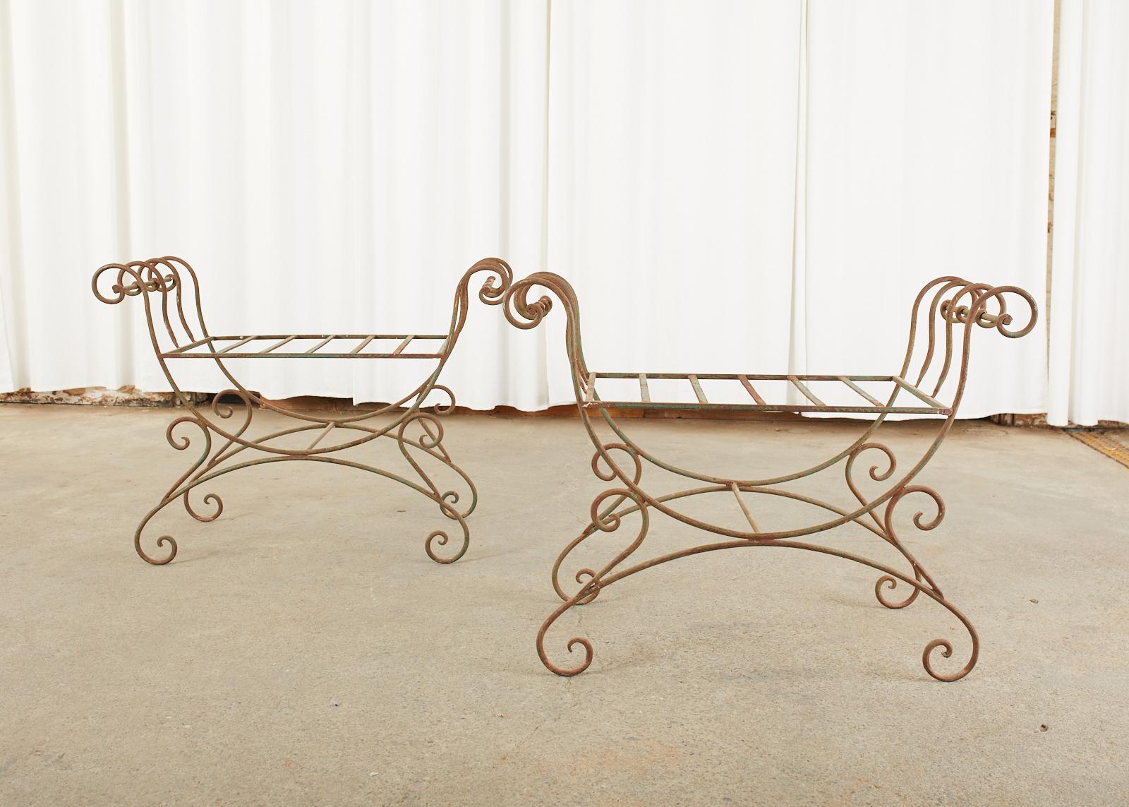 Pair of Hollywood Regency Wrought Iron Curule Benches For Sale 13