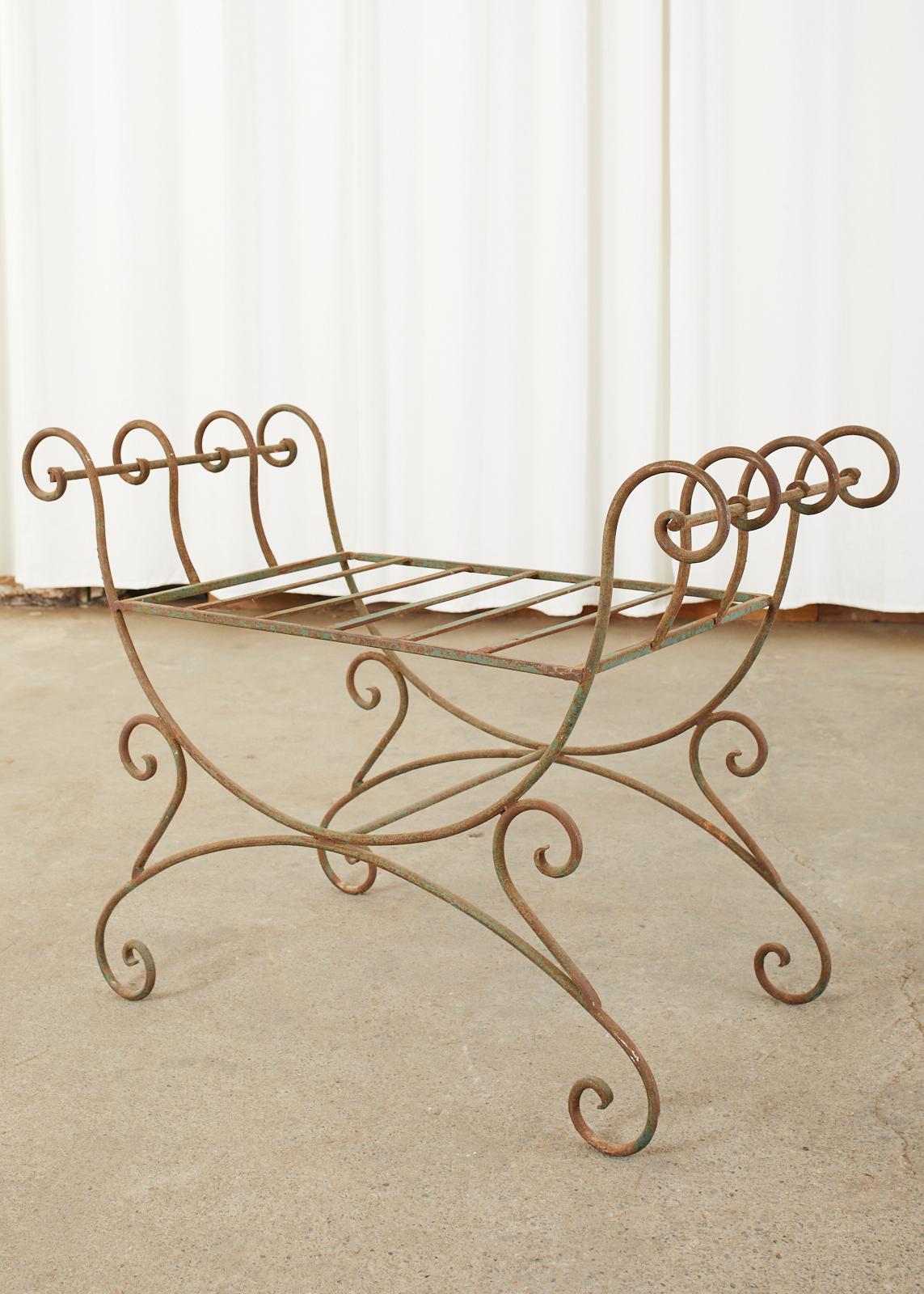 Neoclassical Pair of Hollywood Regency Wrought Iron Curule Benches For Sale