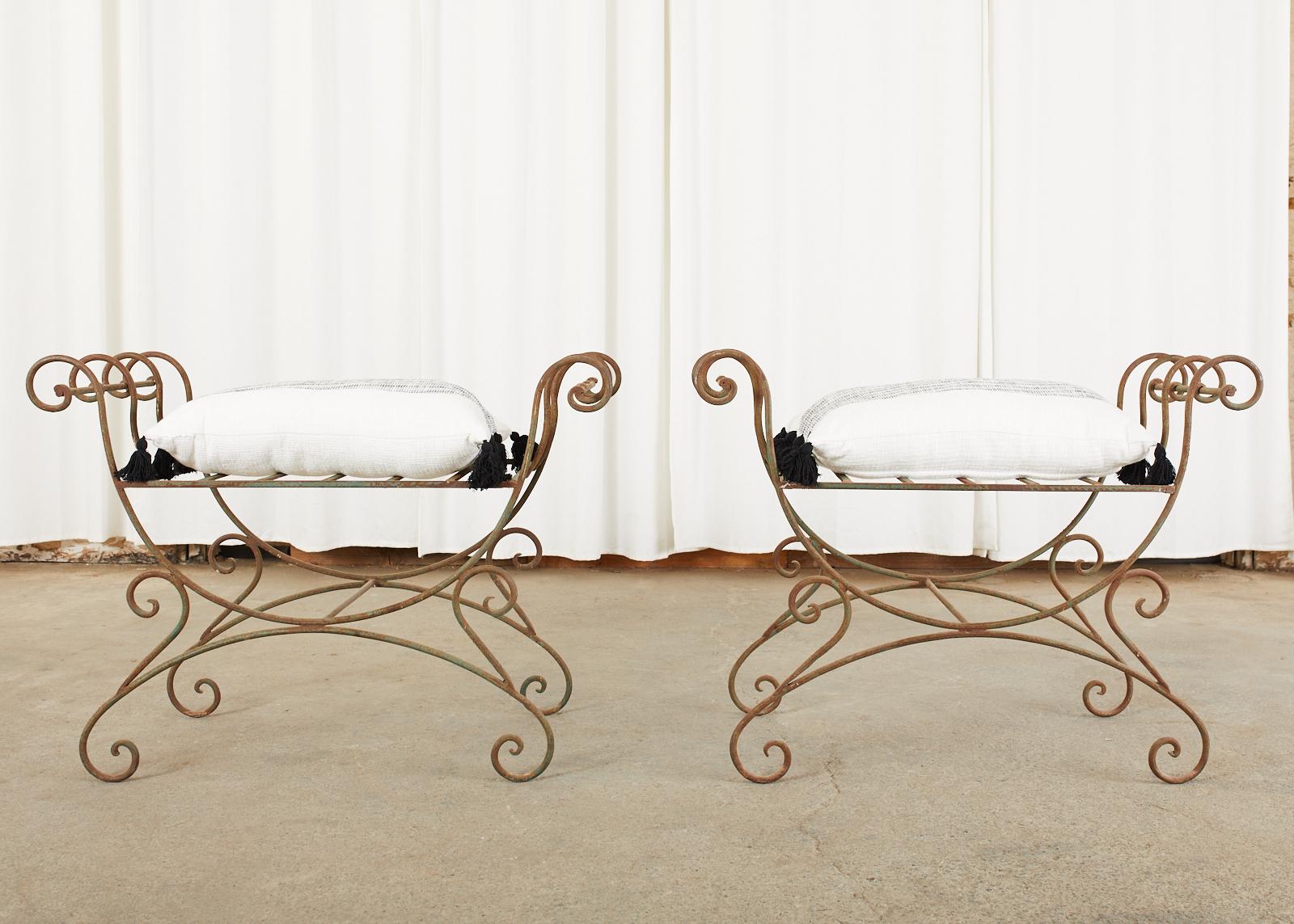 Italian Pair of Hollywood Regency Wrought Iron Curule Benches For Sale