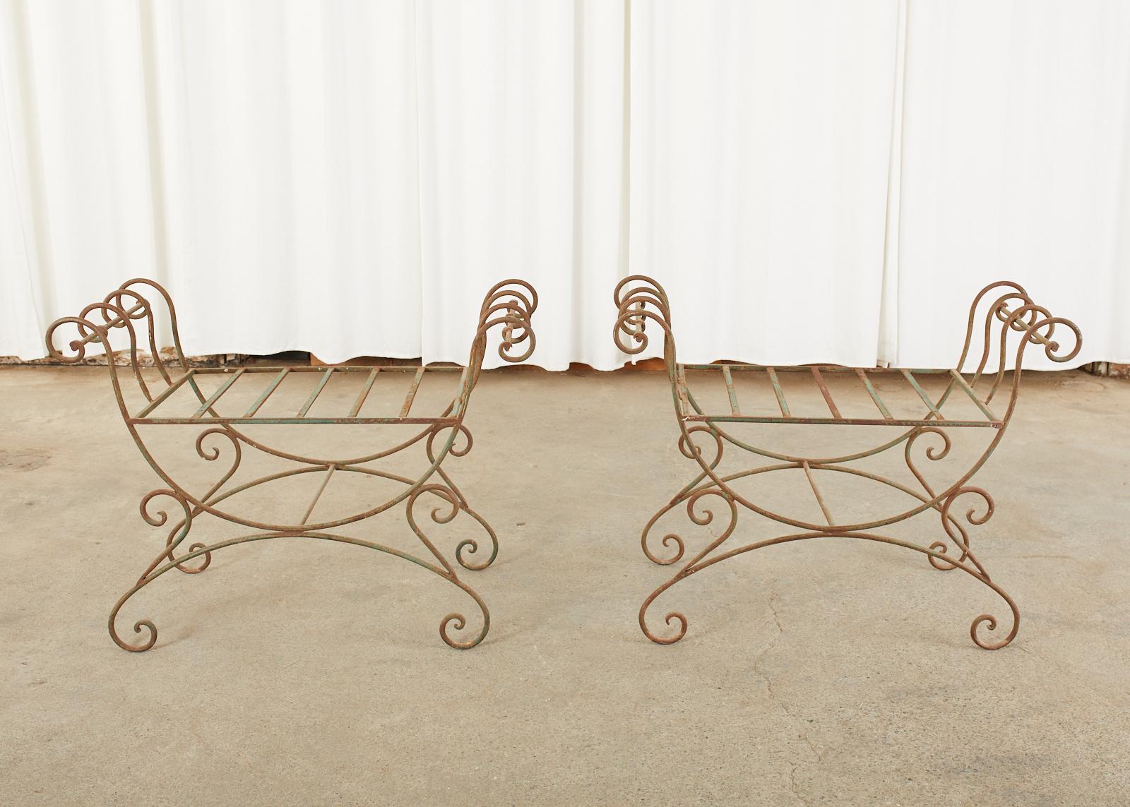 Pair of Hollywood Regency Wrought Iron Curule Benches For Sale 2