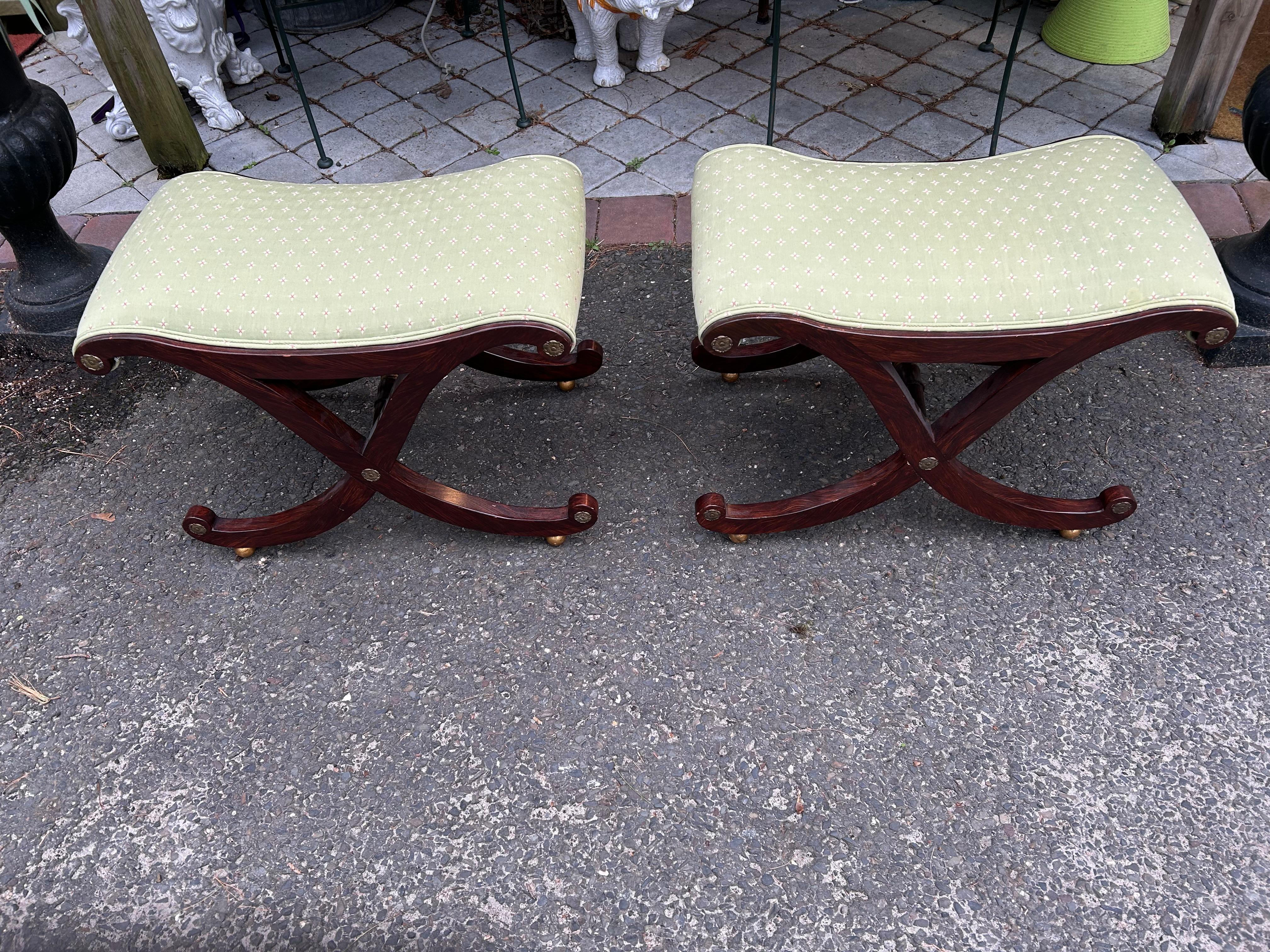 Lovely pair of Hollywood Regency X-base stools in the style of  Gillows of Lancaster.  
