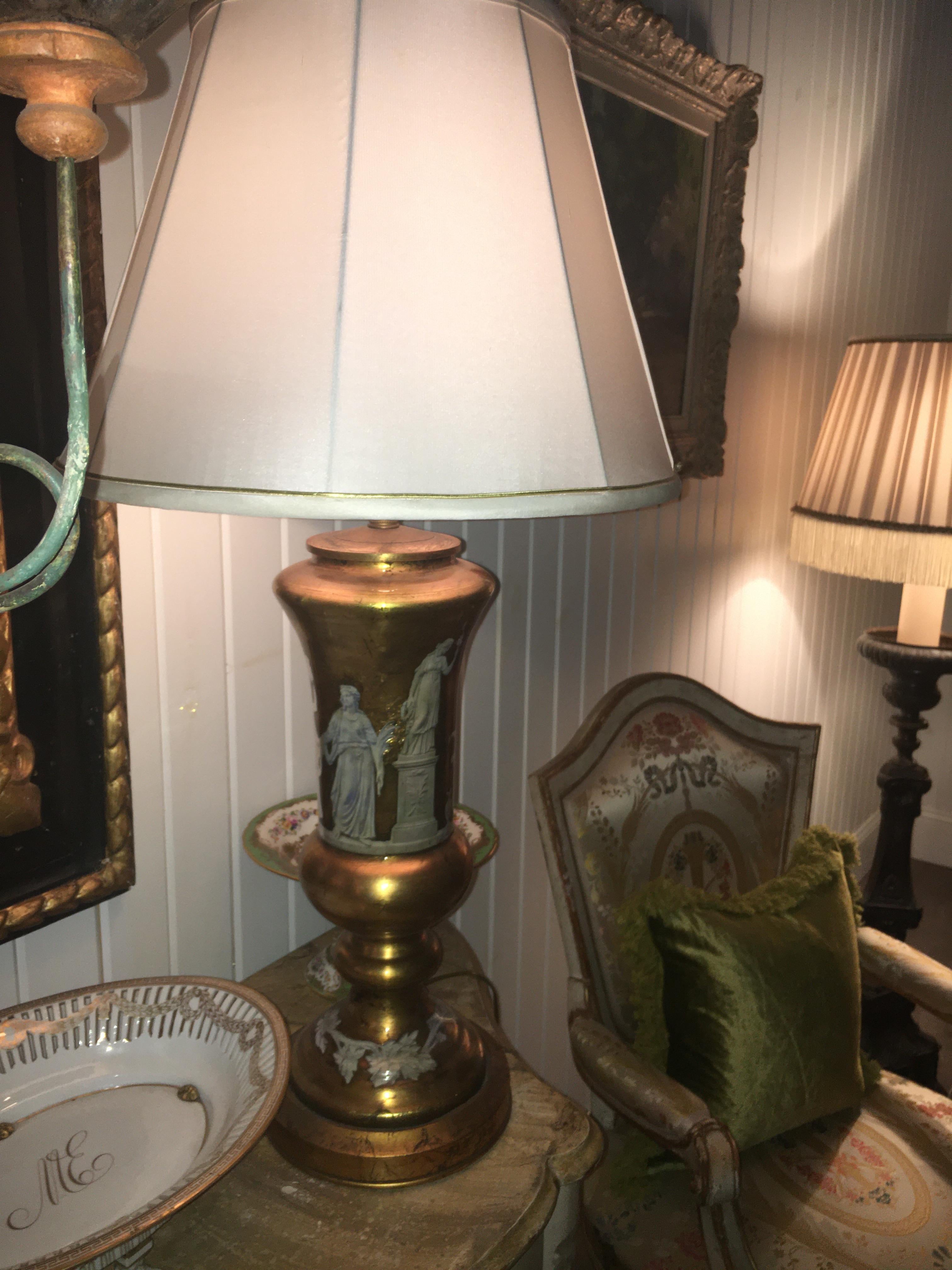 Pair of Hollywood RegencyReverse Painted Glass Lamps with Neoclasical Decoration For Sale 1