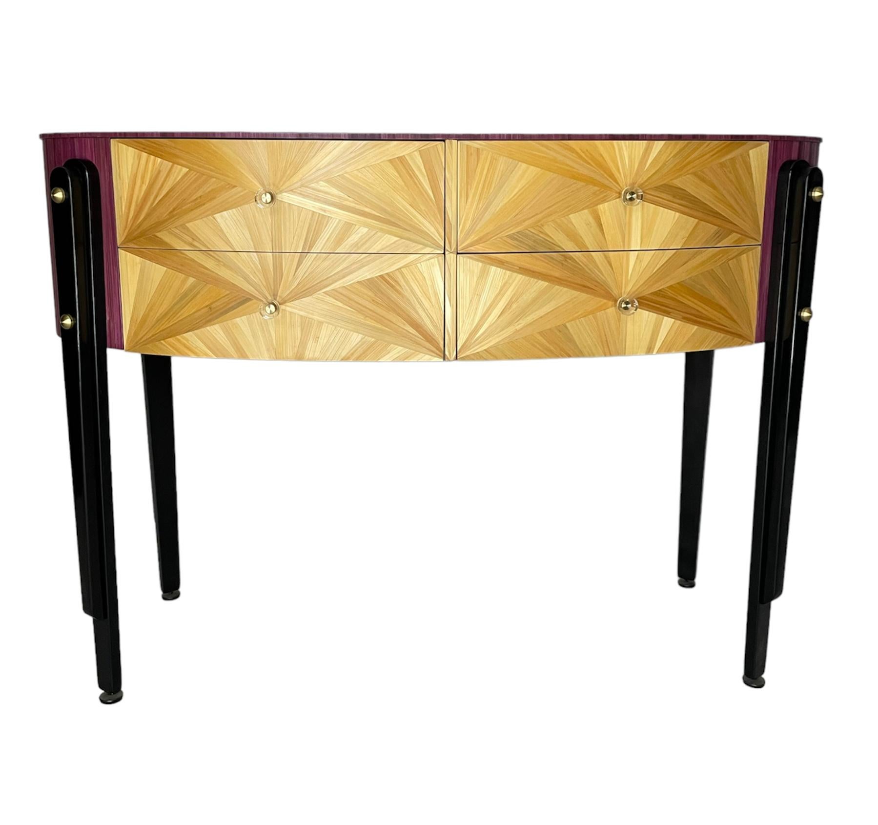 Pair of chest of drawers in the Hollywood regency style, oval in shape with four drawers with glass handles, intervened by Atelier D'art JC in exquisitely shaped straw marquetry and entirely by hand, transforming them into two unique pieces. Unique