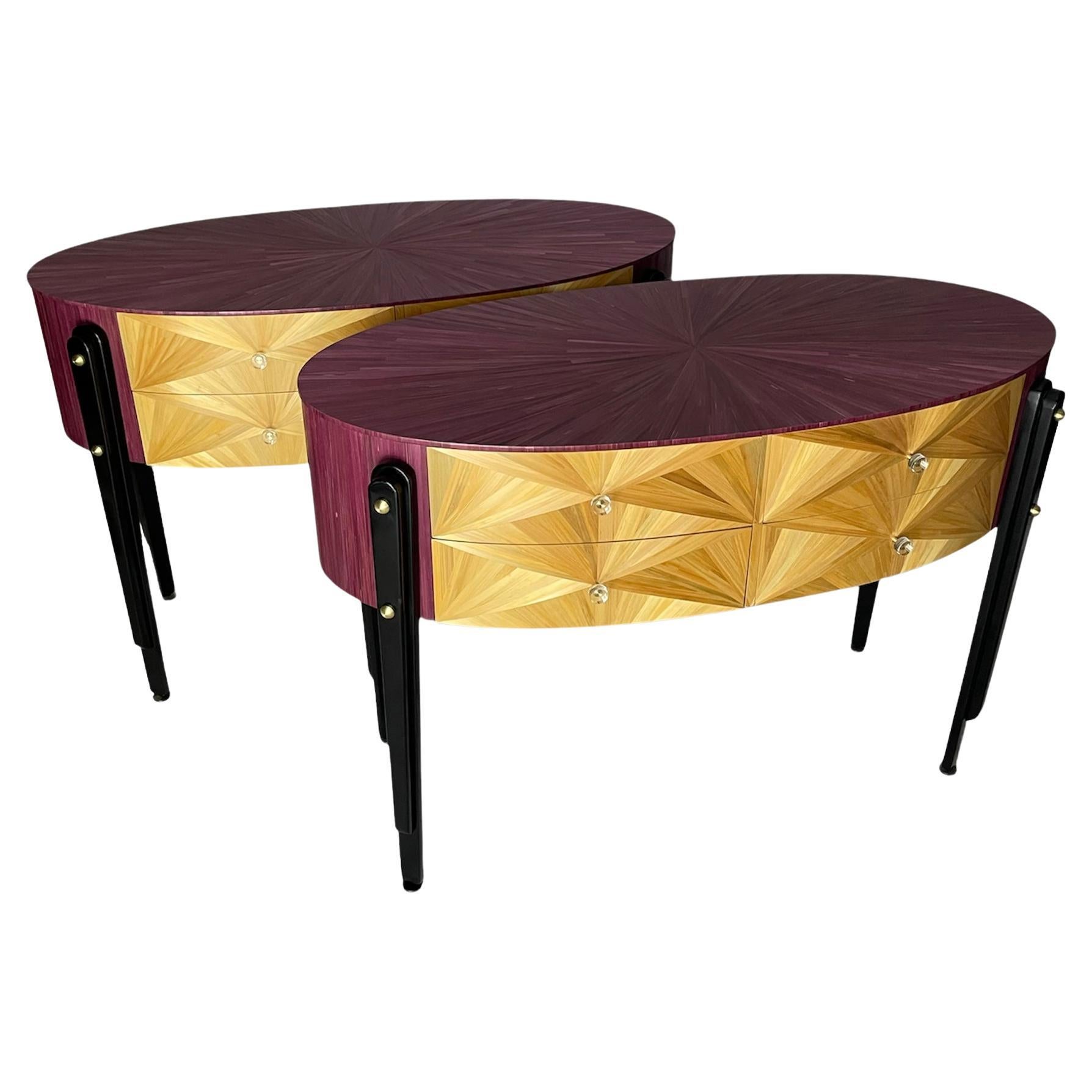 Pair of Hollywood style commodes in straw marquetry For Sale