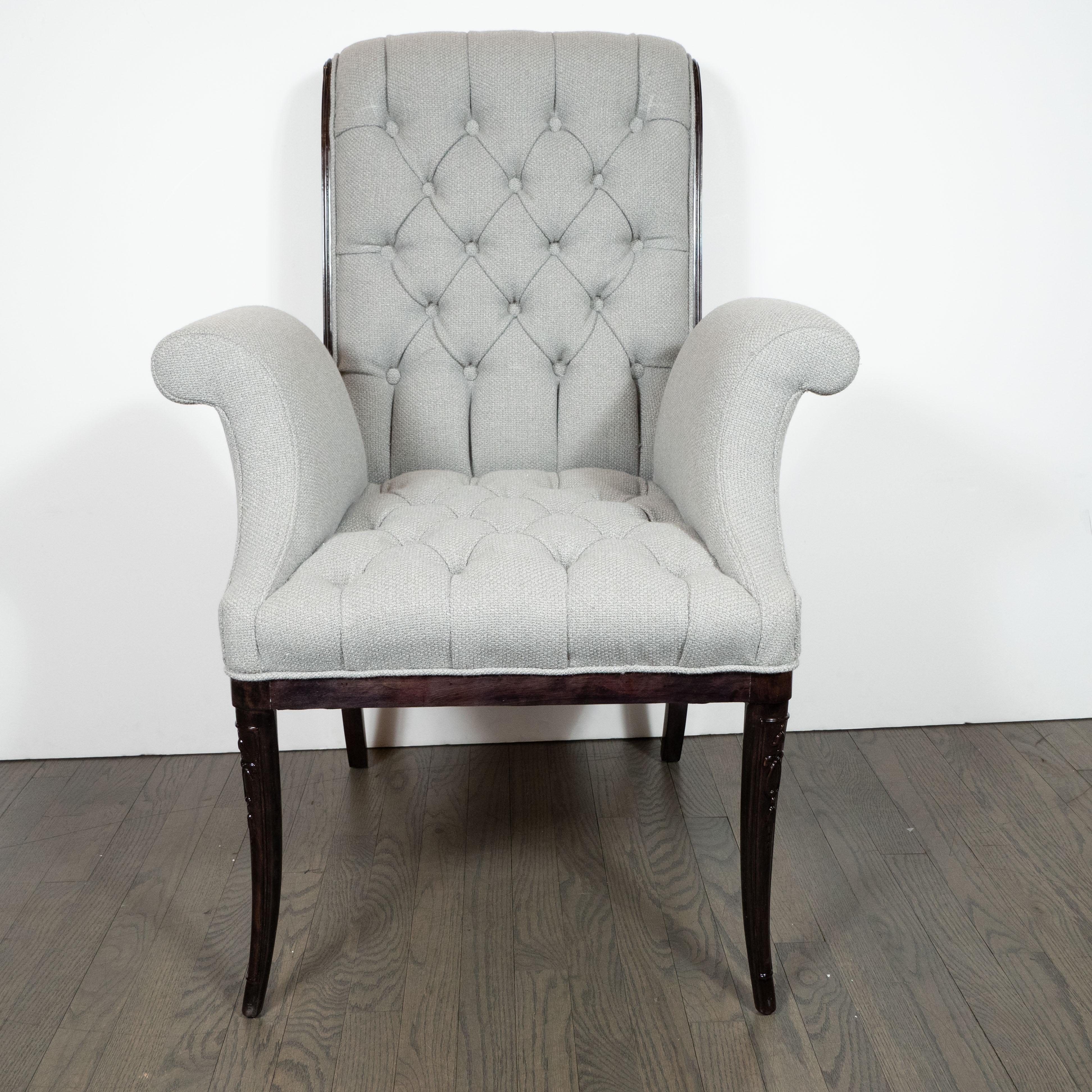 This elegant pair of Hollywood/ Art Deco side chairs were realized by the illustrious 20th Century design firm, Grosfeld House- where luminaries such as Lorin Jackson refined their practice- in the United States, circa 1940. They feature tufted